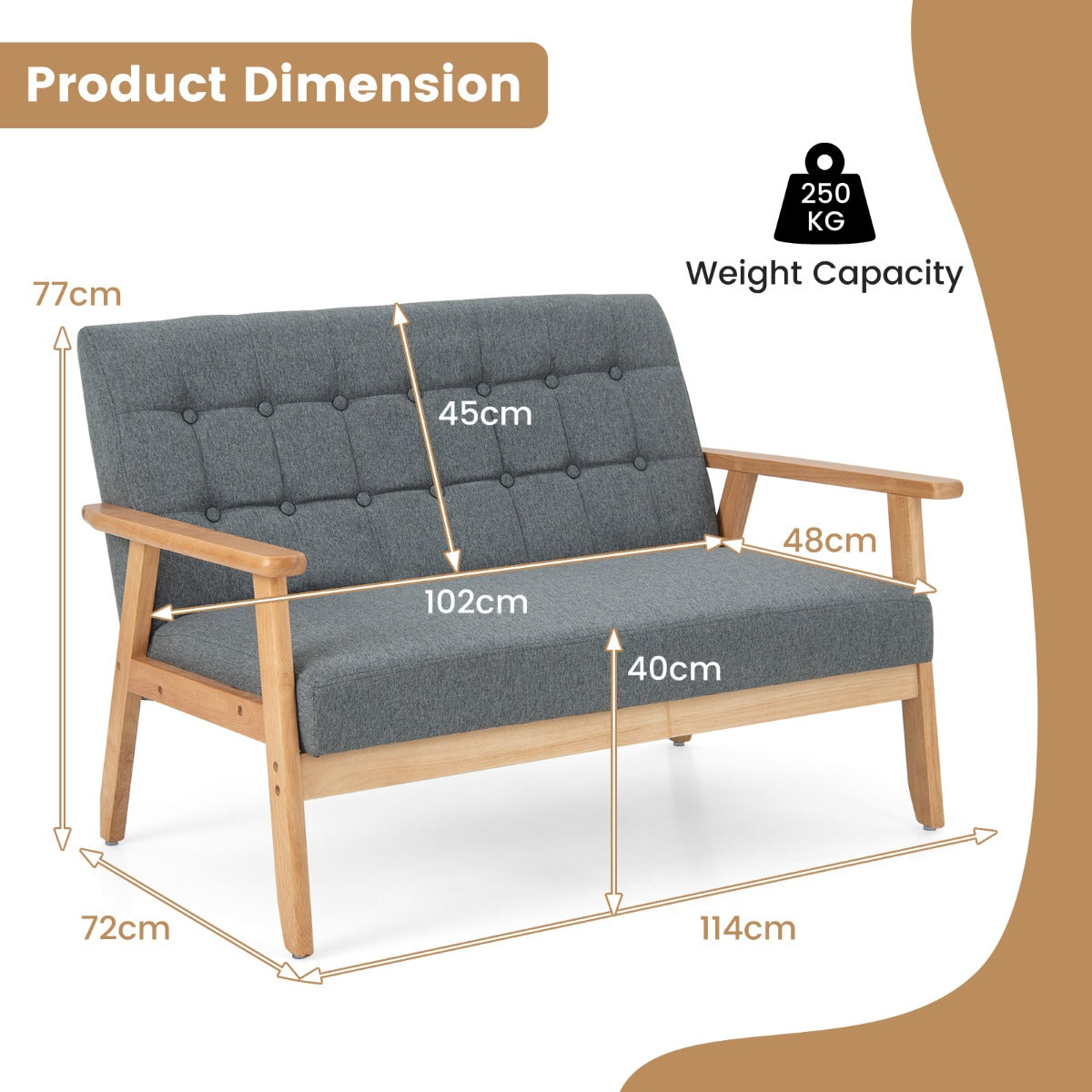 2-seat Cushioned Couch with Rubber Wood Frame and Classic Tufted Design-Grey