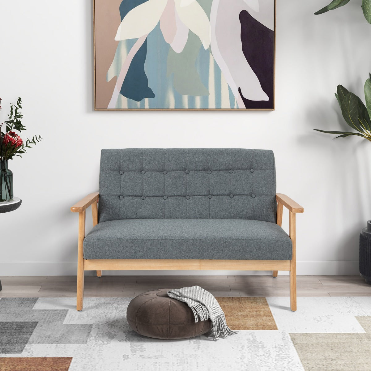 2-seat Cushioned Couch with Rubber Wood Frame and Classic Tufted Design-Grey