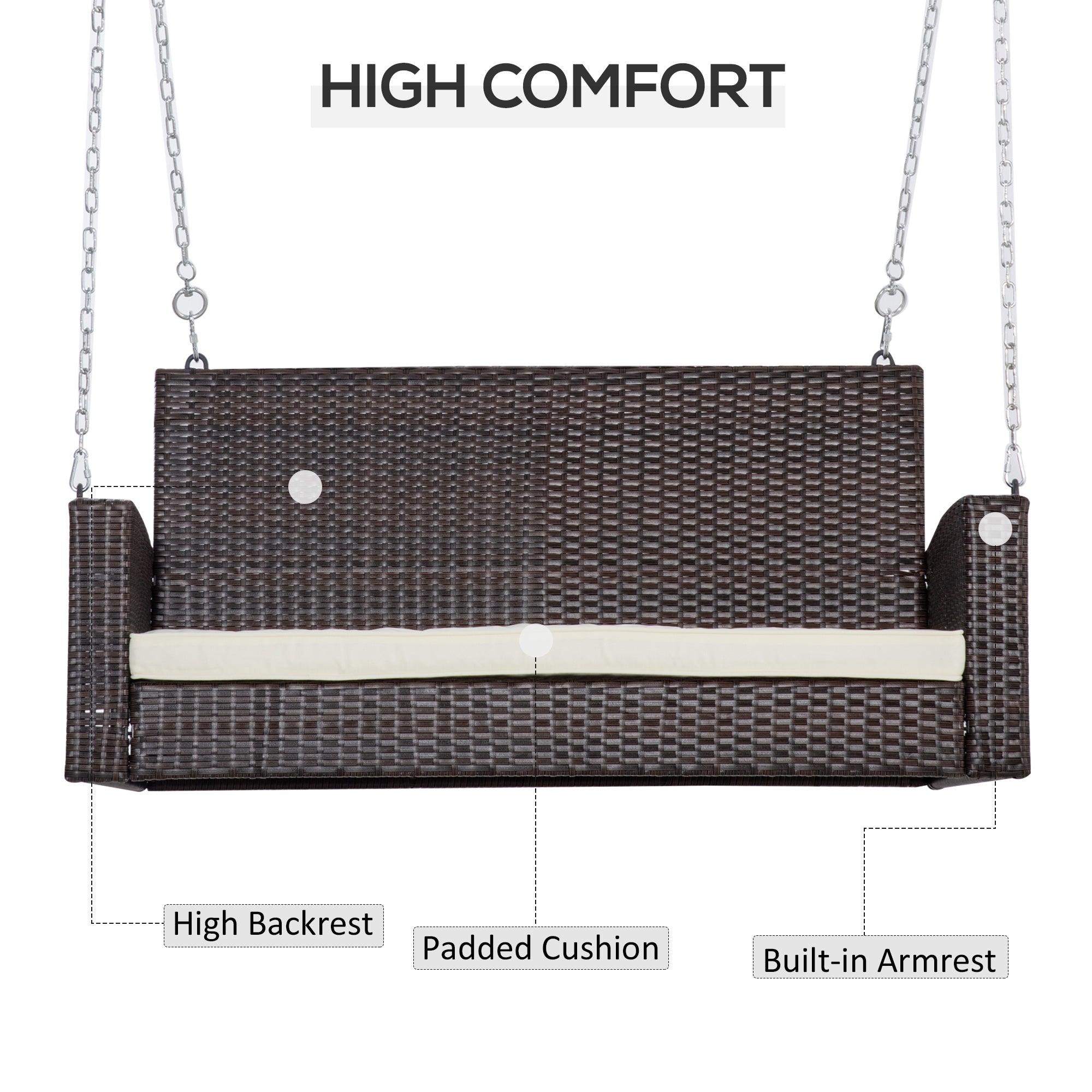 Outsunny 2 Seater Rattan Garden Swing Chair, Porch Swing Bench Loveseat with Cushion, Wicker Outdoor Hanging Swinging Seat with 2 Metal Chains, 250 KG Capacity for Patio, Balcony, Cream White