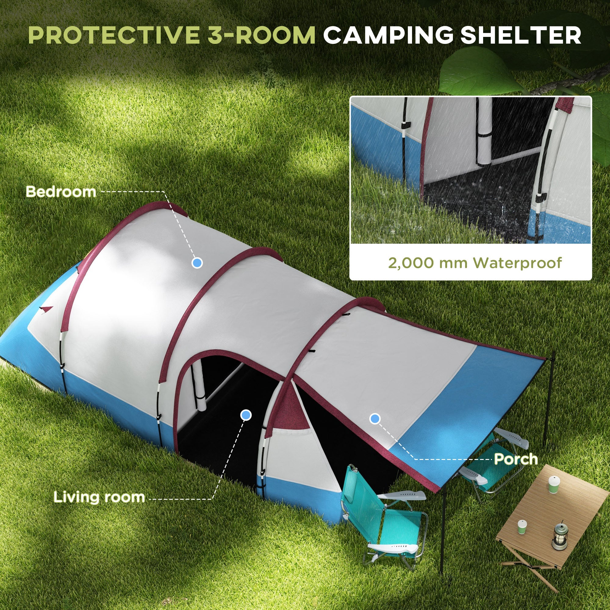 Outsunny Camping Tent, Large Tunnel Tent with Bedroom and Living Area, 2000mm Waterproof, Portable with Bag for 2-3 Man, Red