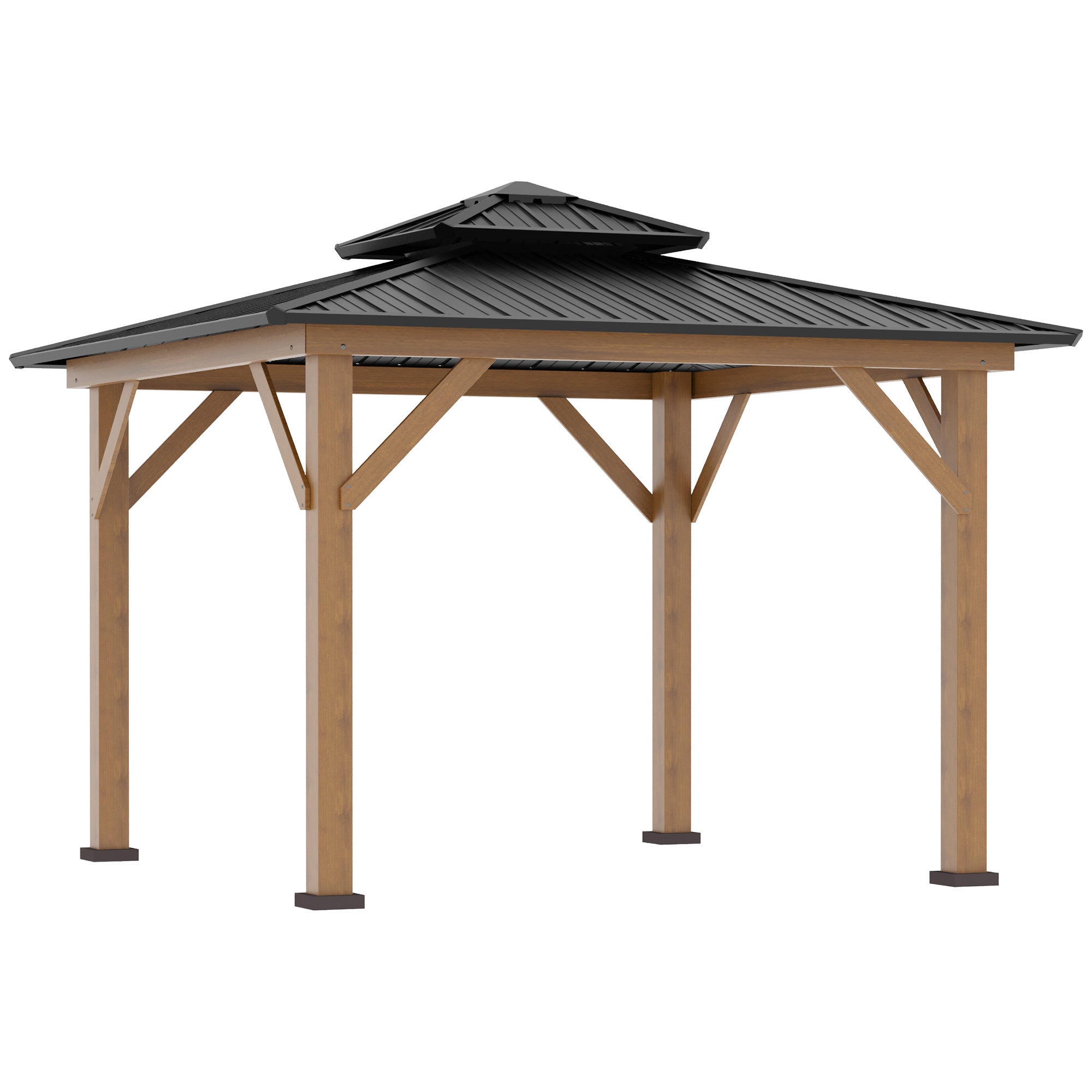 Outsunny 3.5 x 3.5m Outdoor Hardtop Gazebo Canopy with Two-tier Metal Roof and Solid Wood Frame Outdoor Patio Shelter for Patio, Garden, Black