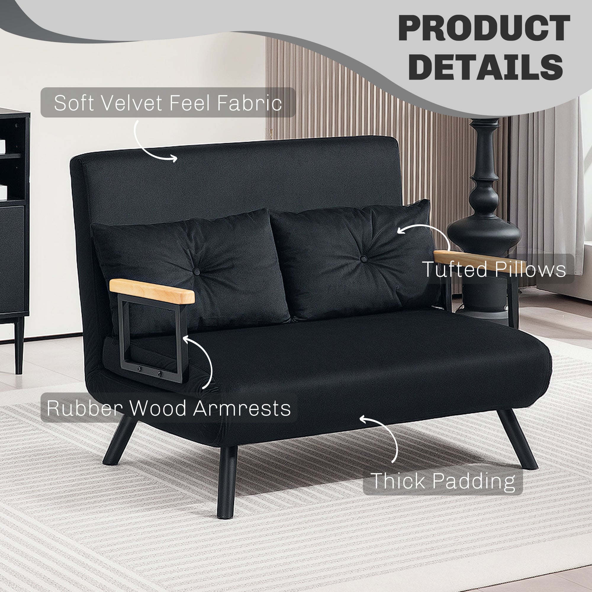HOMCOM 4-in-1 Velvet-Feel Double Sofa Bed, with Pillows - Black
