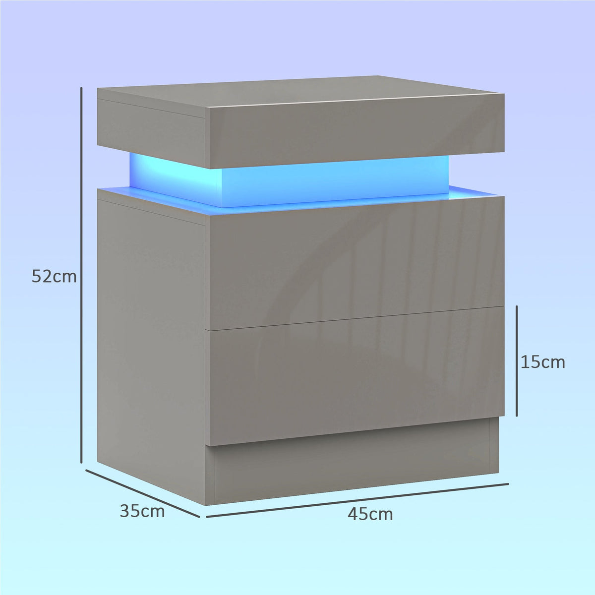 HOMCOM Grey Bedside Table with LED Light, High Gloss Front Nightstand with 2 Drawers, for Living Room, Bedroom