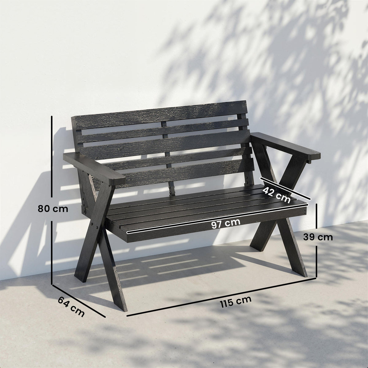 Outsunny 2 Seater Wooden Garden Bench, Slatted Patio Bench with Armrest and Backrest, Black