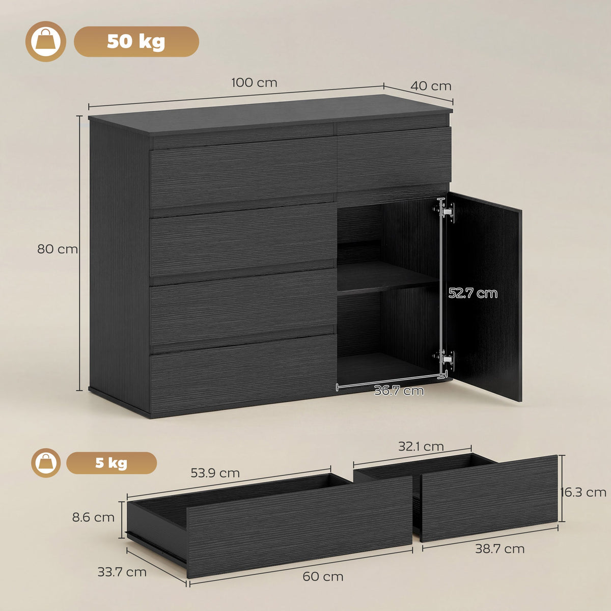 HOMCOM Modern Chest Of Drawers, 5 Drawer Dresser with Adjustable Shelf, Soft-Close Door, Black