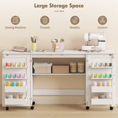 HOMCOM Folding Sewing Table with 2 Magnetic Doors, Storage Shelf, Lockable Wheels, Space Saving, White