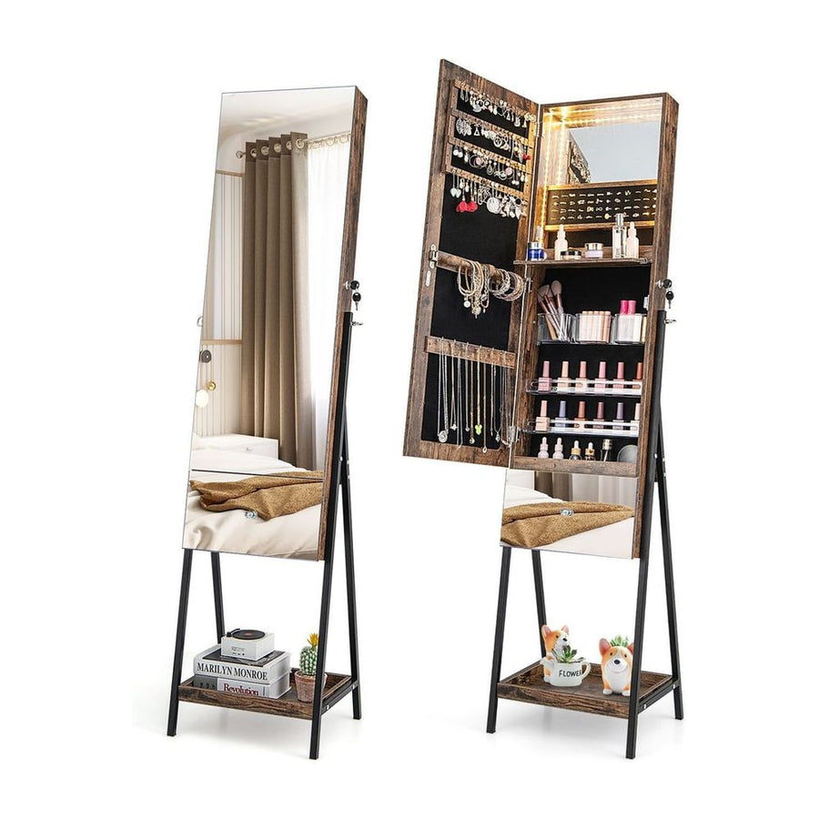 Lockable Freestanding Jewelry Cabinet Armoire with Full-Length Frameless Mirror-Rustic Brown
