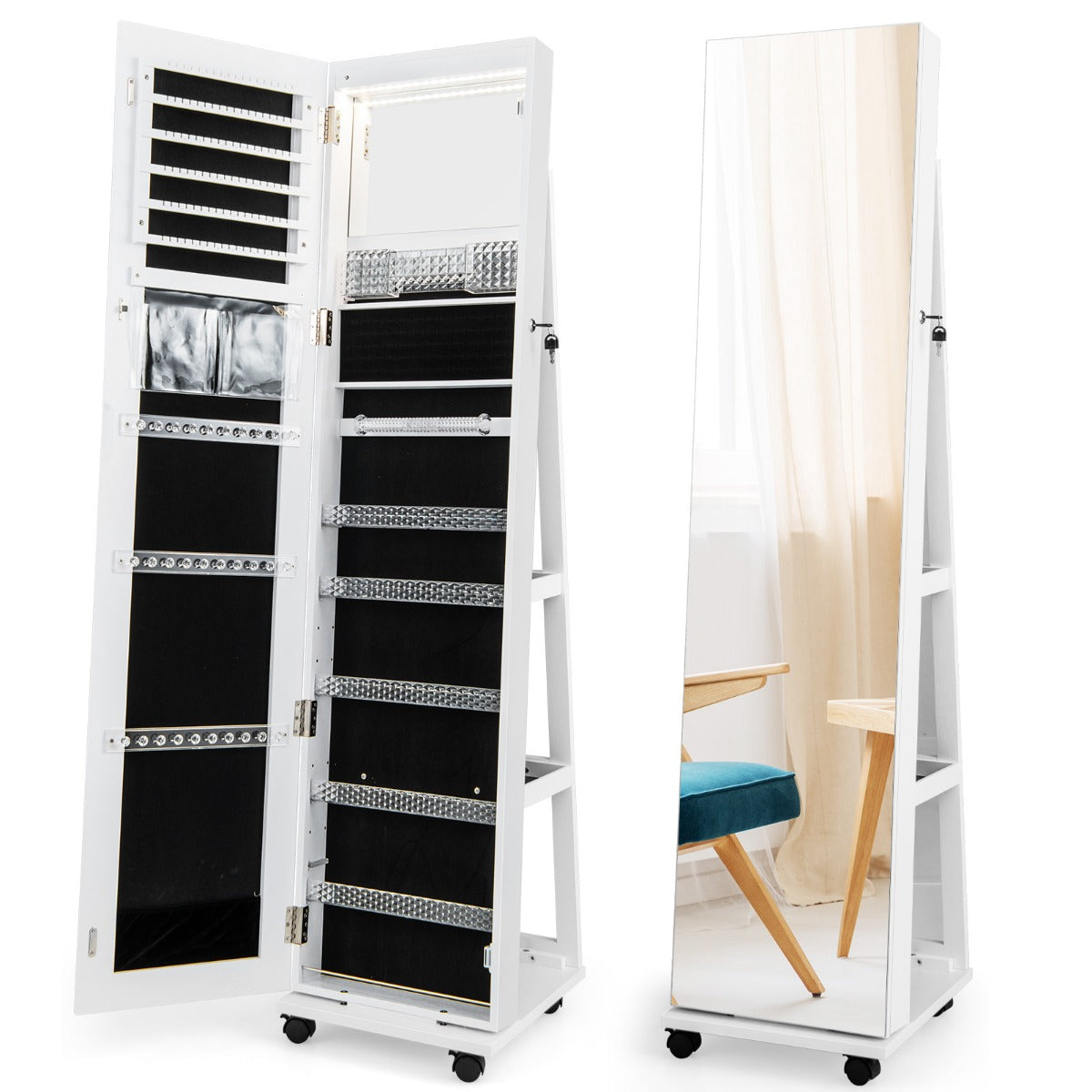 Lockable Jewelry Cabinet Armoire with Built-in Makeup Mirror and 3-Color LED Lights-White