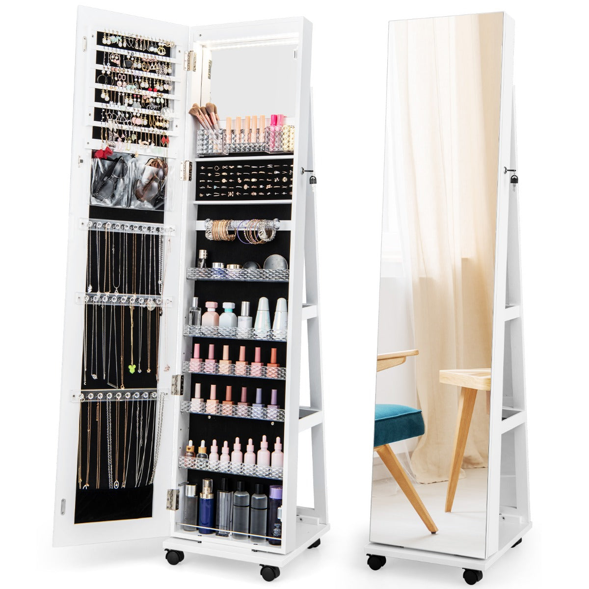 Lockable Jewelry Cabinet Armoire with Built-in Makeup Mirror and 3-Color LED Lights-White