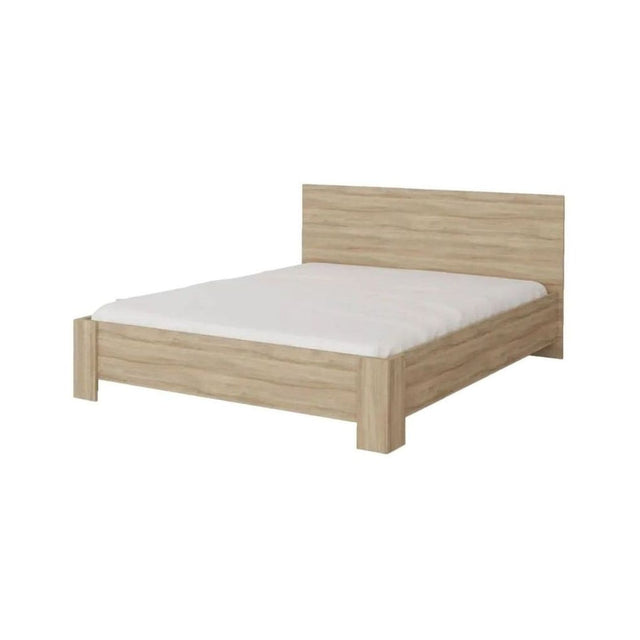 Wooden bed frame with white mattress on a white background