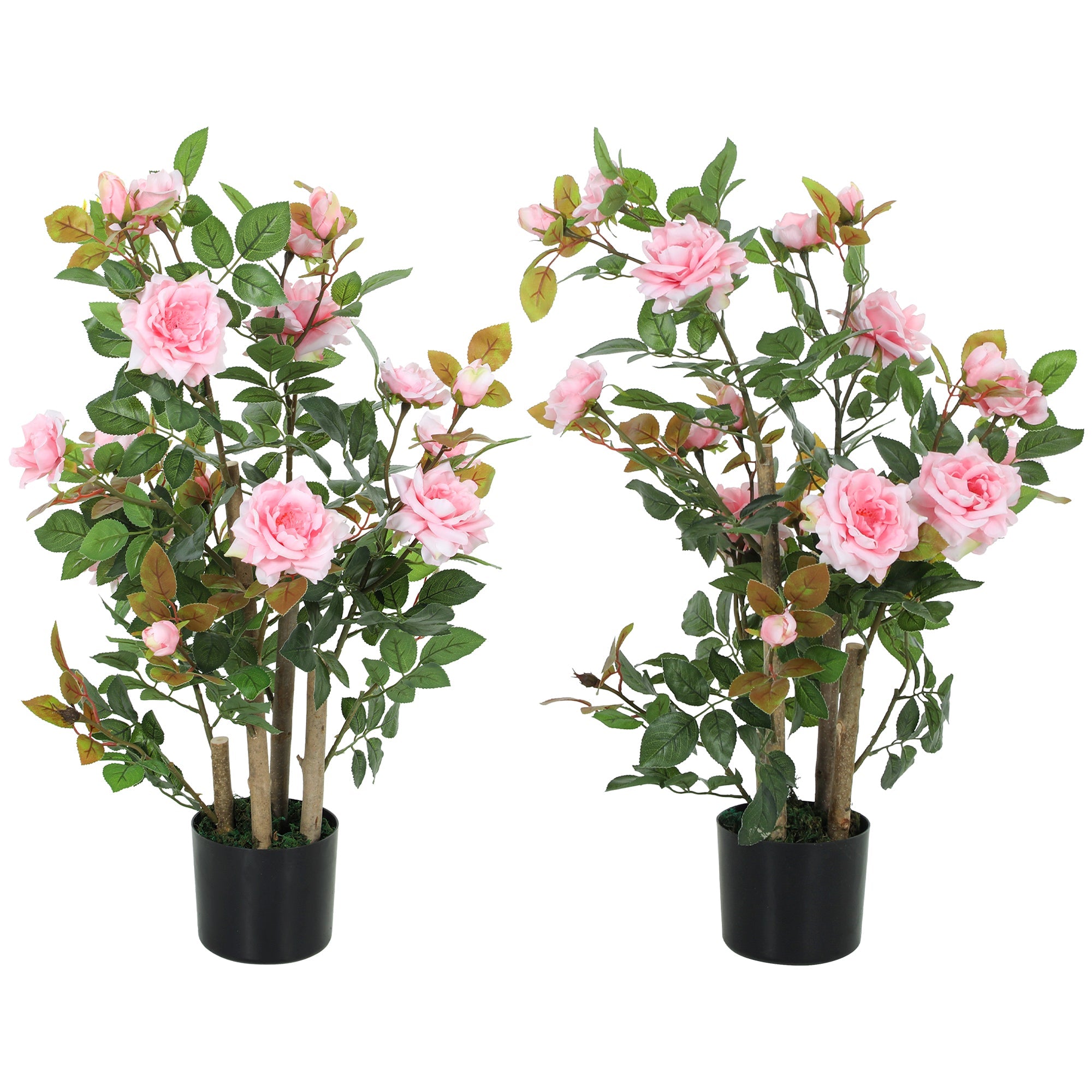 HOMCOM 90cm Artificial Rose Tree Set of 2, Decorative Fake Plant with 344 Silk Leaves 17 Flowers for Outdoor Indoor Decor, Pink