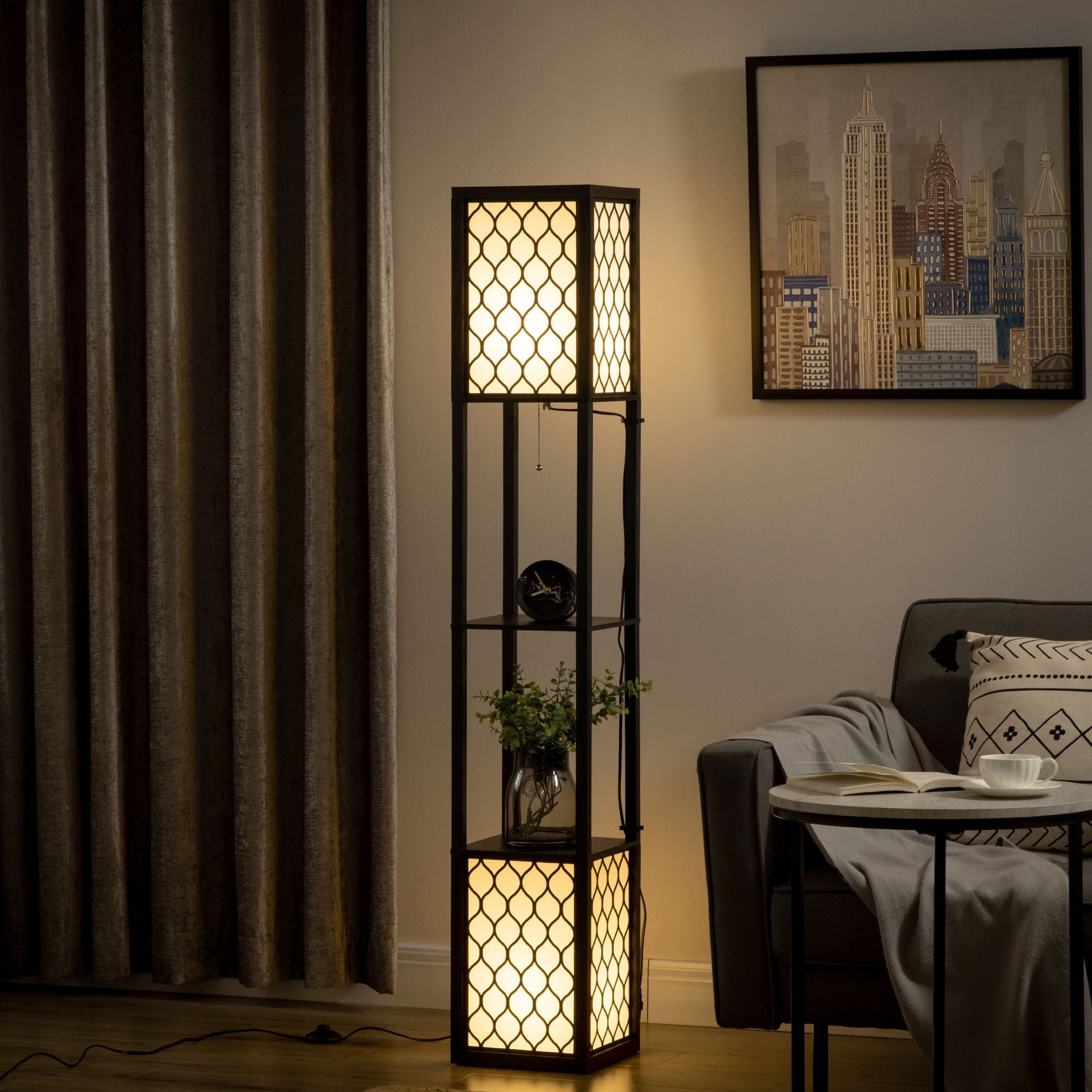 HOMCOM Floor Lamp with Shelves, Dual Light, Modern Tall Standing Lamps for Living Room, Bedroom, with Chain Switch, Bulb not Included, Black