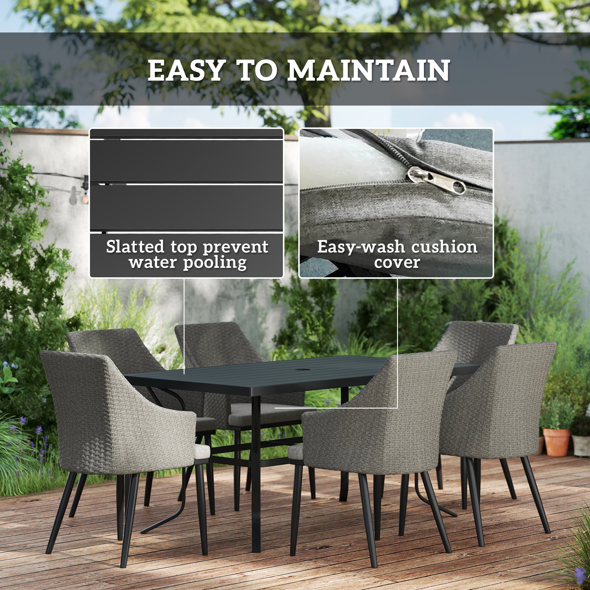 Outsunny 6 Seater Rattan Dining Set with Cushions, Garden Furniture Set with Armchairs, Rectangle Slatted Table Top, Steel Frame, Parasol Hole, Wicker Outdoor Furniture for Patio, Balcony, Grey