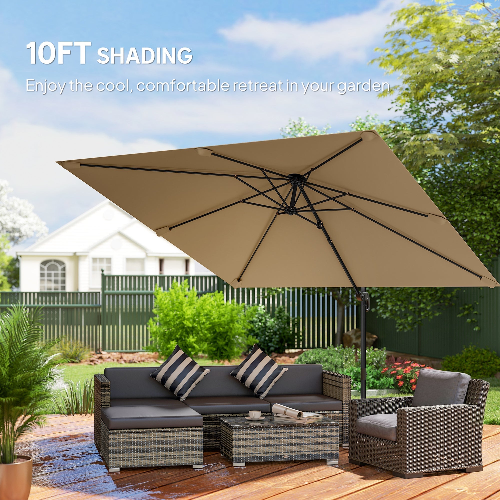 Outsunny 3 x 3 m Cantilever Parasol, Square Patio Umbrella with Crank Handle, Cross Base, Tilt, 360 degrees Rotation, Khaki