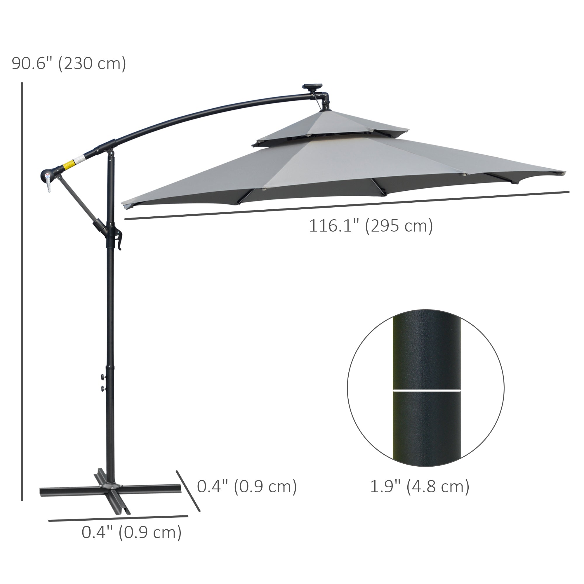 Outsunny 3(m) Cantilever Banana Parasol Hanging Umbrella with Double Roof, LED Solar lights, Crank, 8 Sturdy Ribs and Cross Base for Outdoor, Garden, Patio, Light Grey