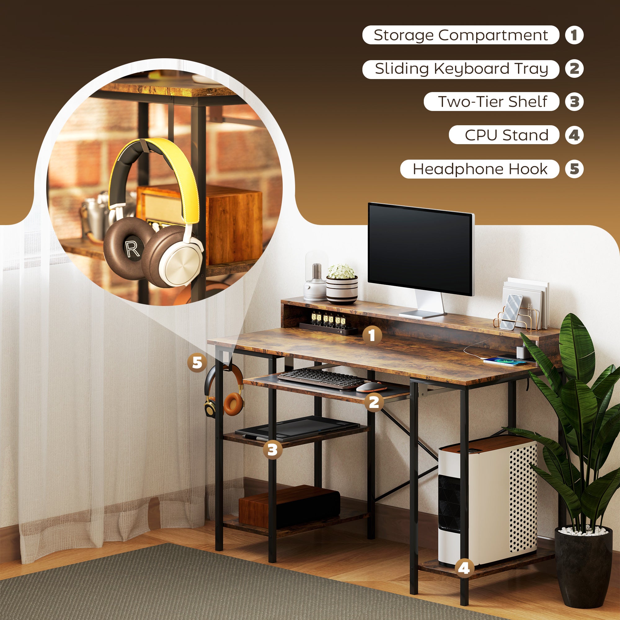 HOMCOM Computer Desk with LED Lights and Power Outlets, 120 x 55 cm Gaming Desk with Monitor Stand, Sliding Keyboard Tray and Storage Shelves for Home Office, Rustic Brown