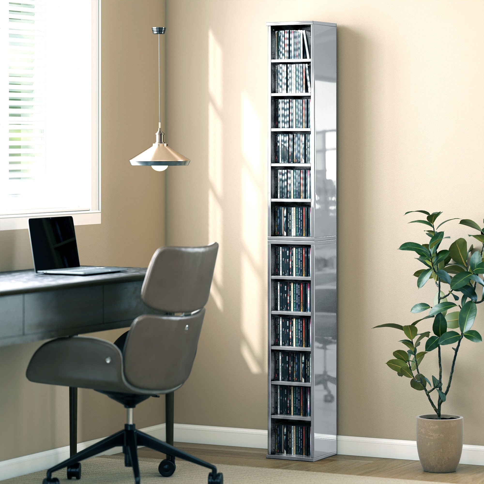 HOMCOM Set of 2 CD Media Display Shelf Unit Tower Rack with Adjustable Shelves, High Gloss Grey