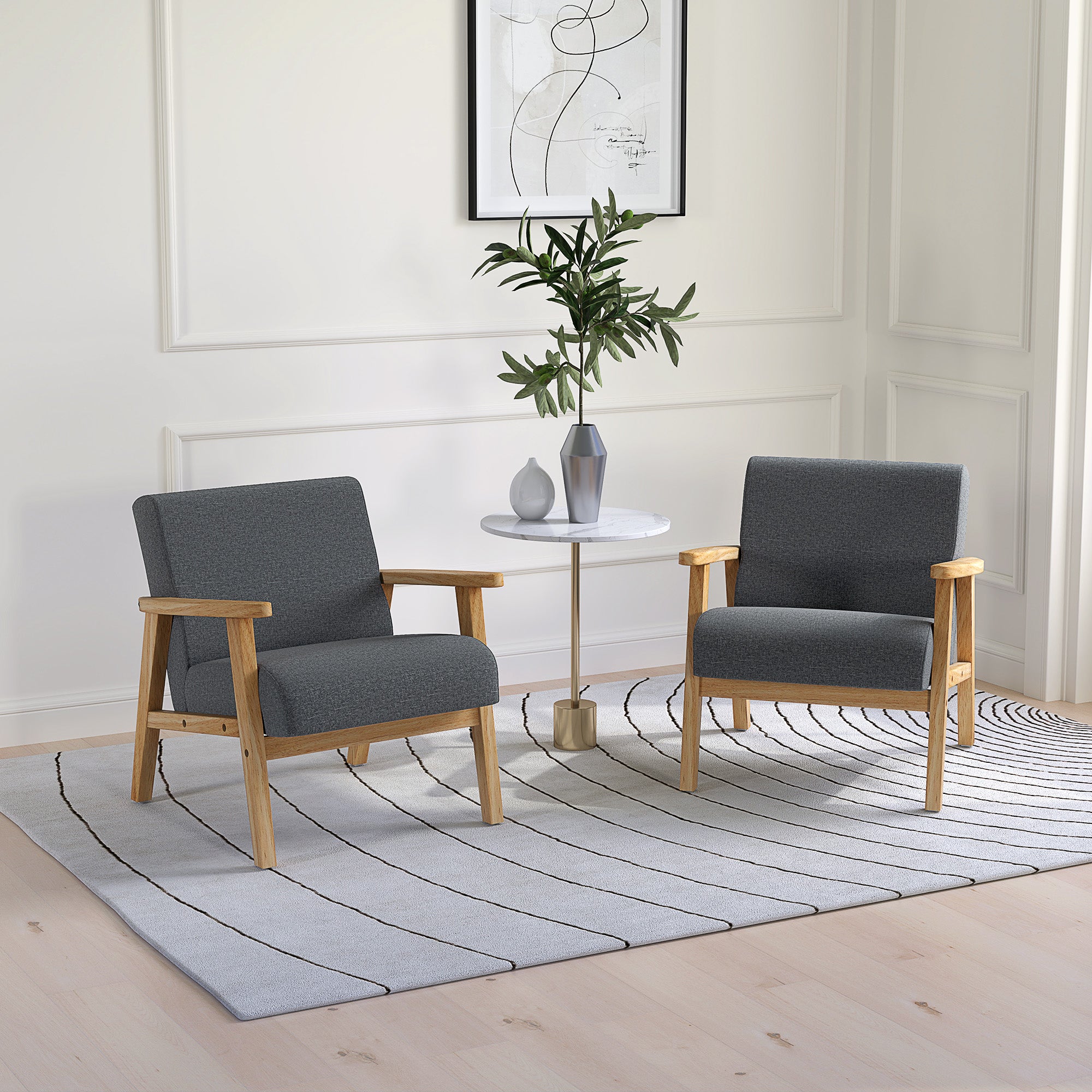 HOMCOM Set of 2 Accent Armchair, Living Room Chair, Wooden Upholstered Single Lounge Chair with Rubber Wood Legs and Padded Seat , Leisure Sofa Chair for Bedroom Office, Dark Grey