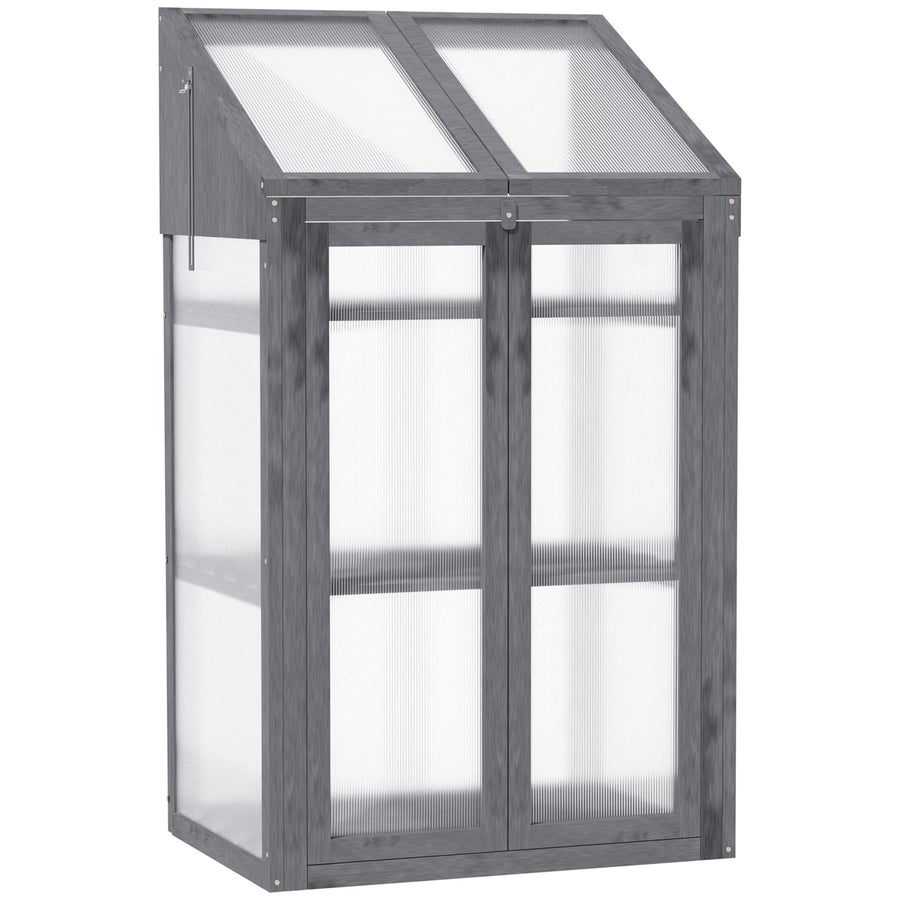 Outsunny Wooden Cold Frame Polycarbonate Greenhouse with Openable Top Cover and Double Door, Grow House for Flower, Vegetable and Plants, 70 x 50 x 120cm, Grey