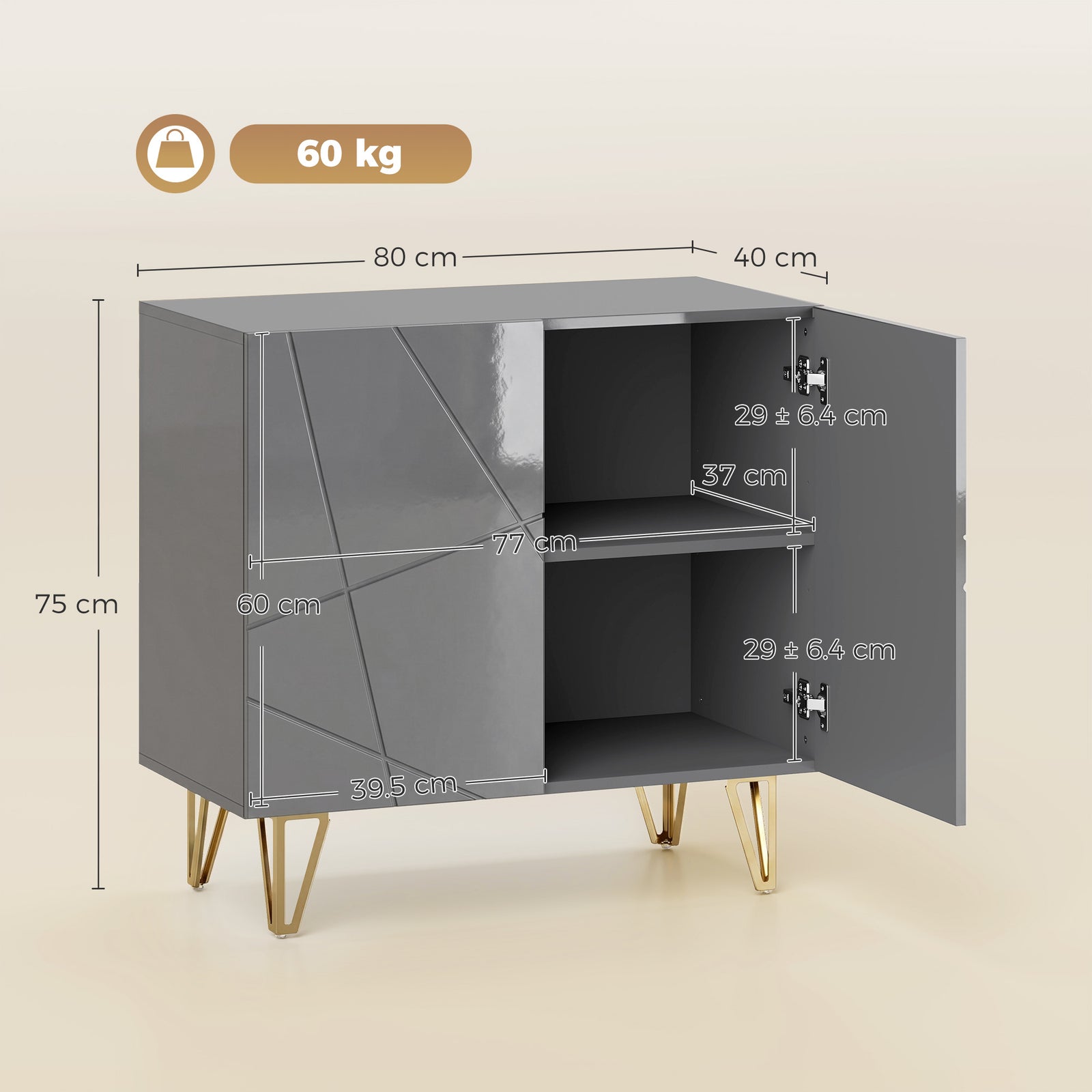 HOMCOM Modern Luxe High Gloss Sideboard, with Hairpin Legs - Grey