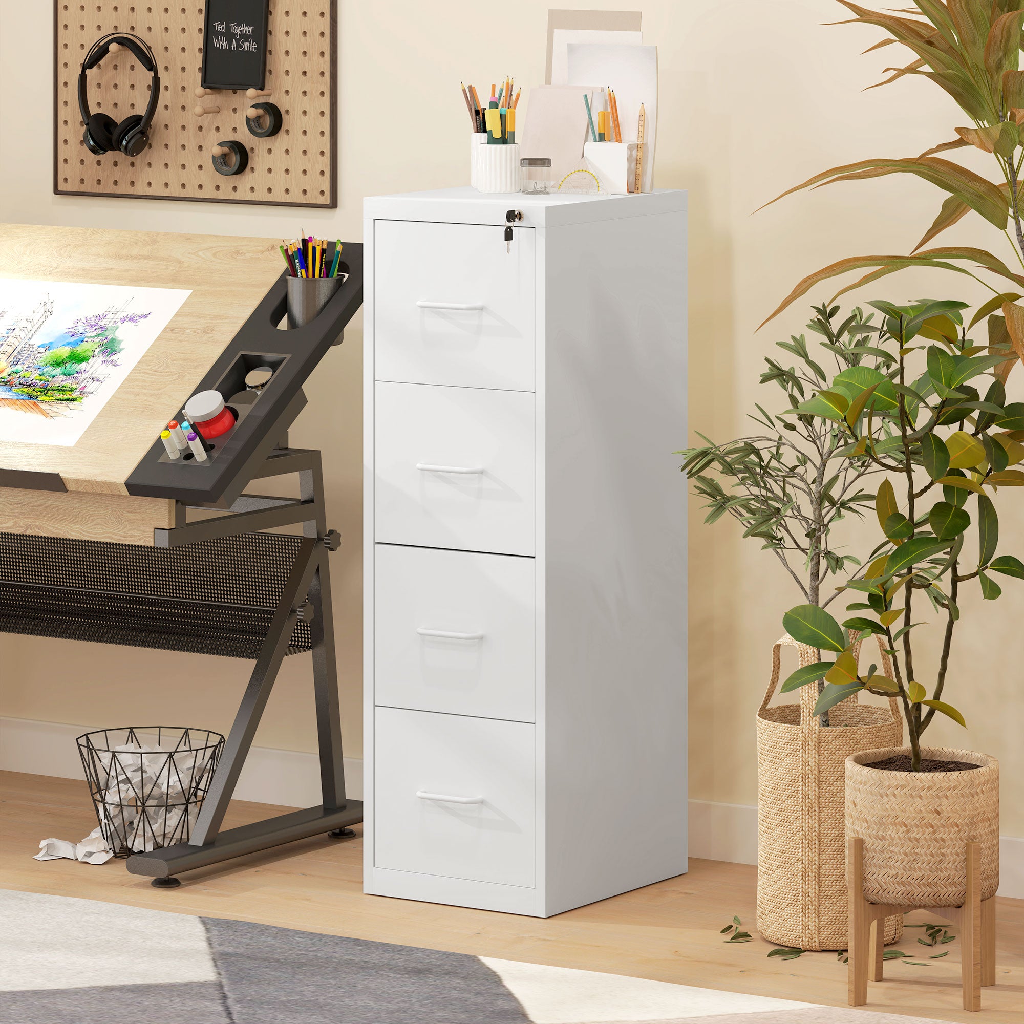 HOMCOM Four-Drawer Modern Steel Filing Cabinet - White