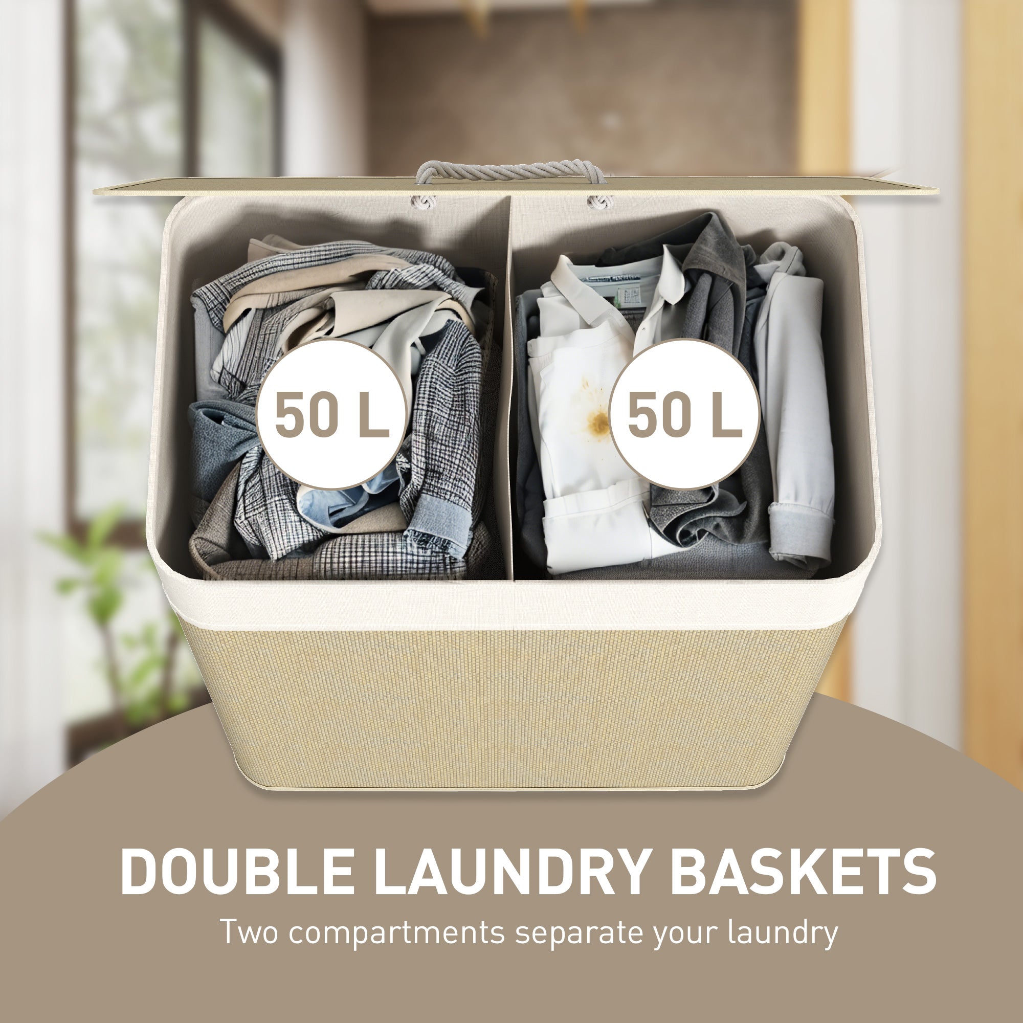 HOMCOM Double Laundry Basket with Lid, 100L Bamboo Laundry Hamper with Rope Handles, Washing Basket with Removable Liner for Bathroom, Bedroom, Cream White