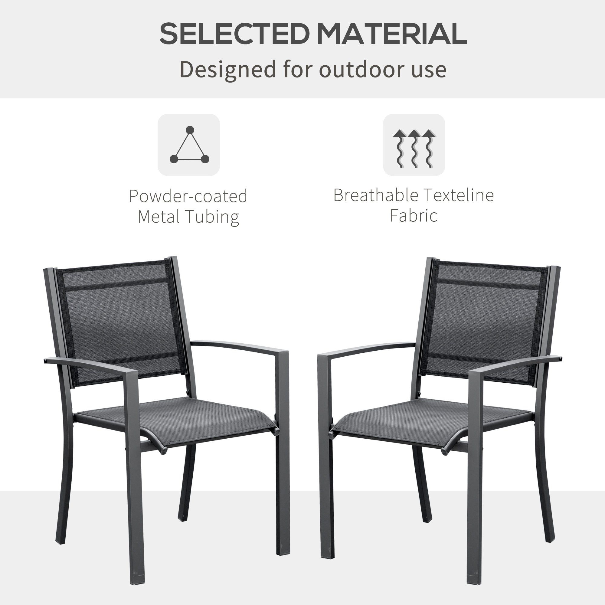 Outsunny Garden Chairs Set Of 2 Outdoor Chairs with Steel Frame Texteline Seats for Dining Patio Balcony Dark Grey and Black