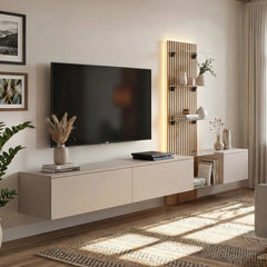 Luzz Entertainment Unit For TVs Up To 70" shown mounted on a wall with a TV and accessories