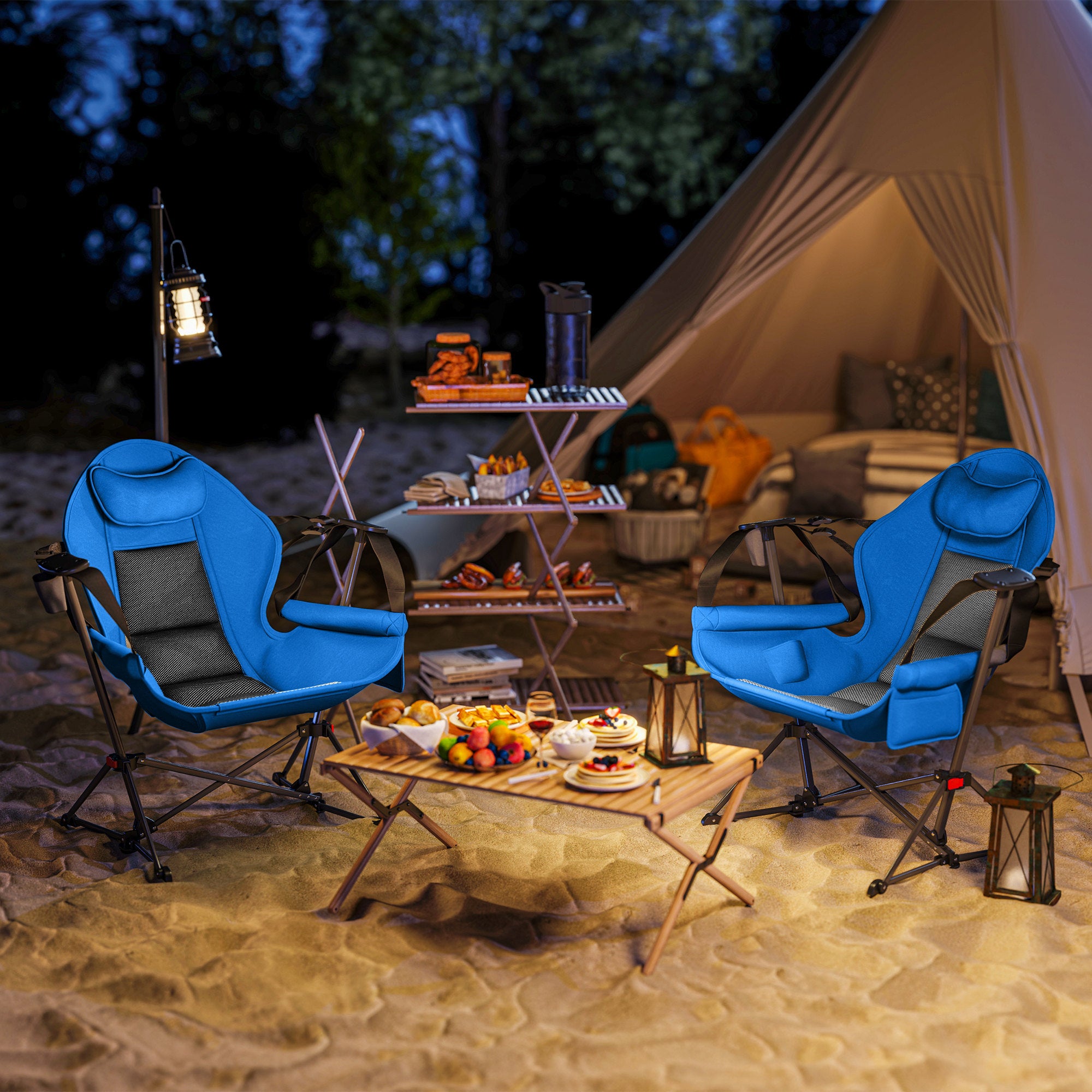 Outsunny Hammock Camping Chair Set of 2, Adjustable Back Swinging Camping Chair Portable Swinging Chair with Cup Holder, Headrest, Padded Seat and Carry Bag for Travel Fishing Hiking, Blue