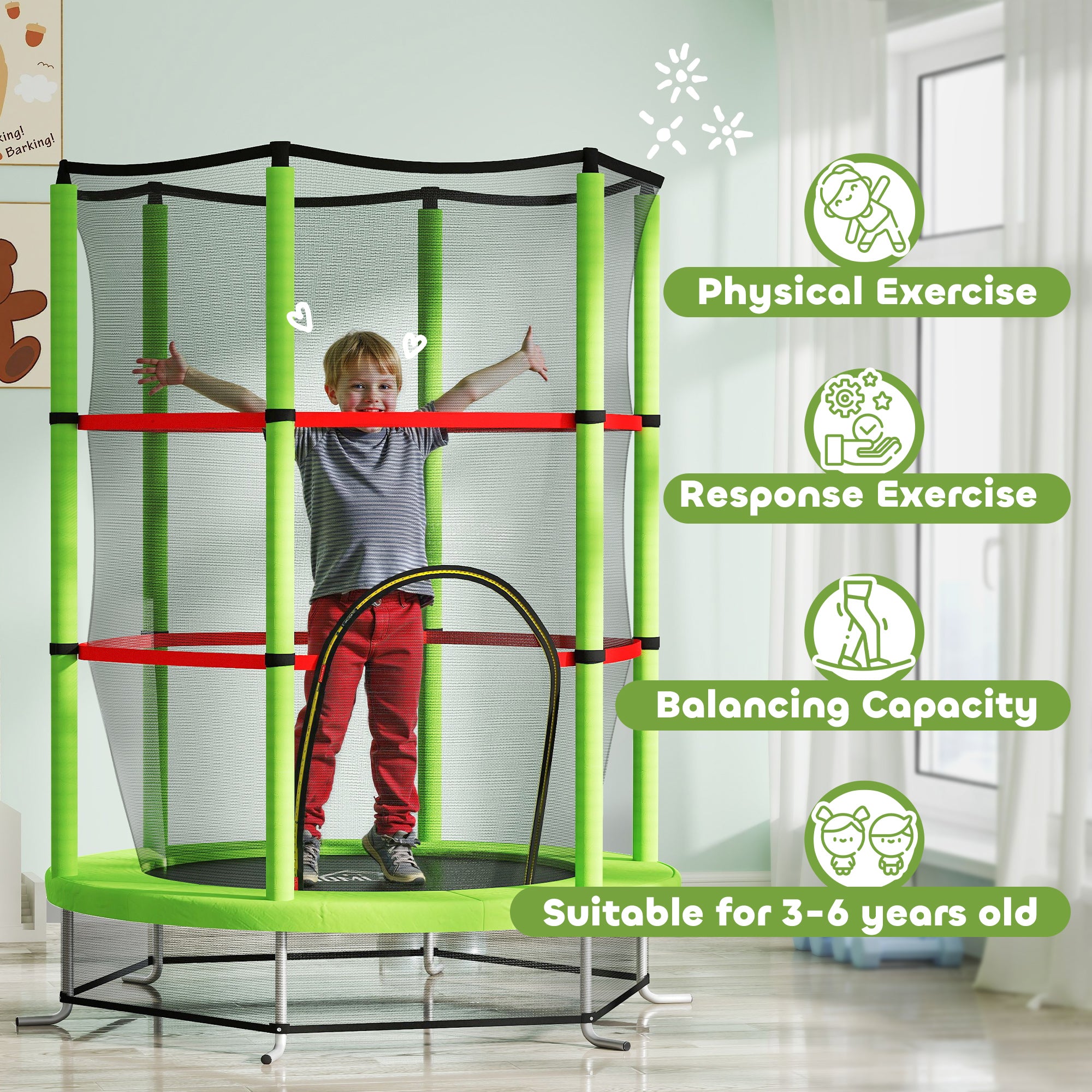 HOMCOM Kids Trampoline, with Enclosure Net, Steel Frame, for Ages 3-6 Years - Green