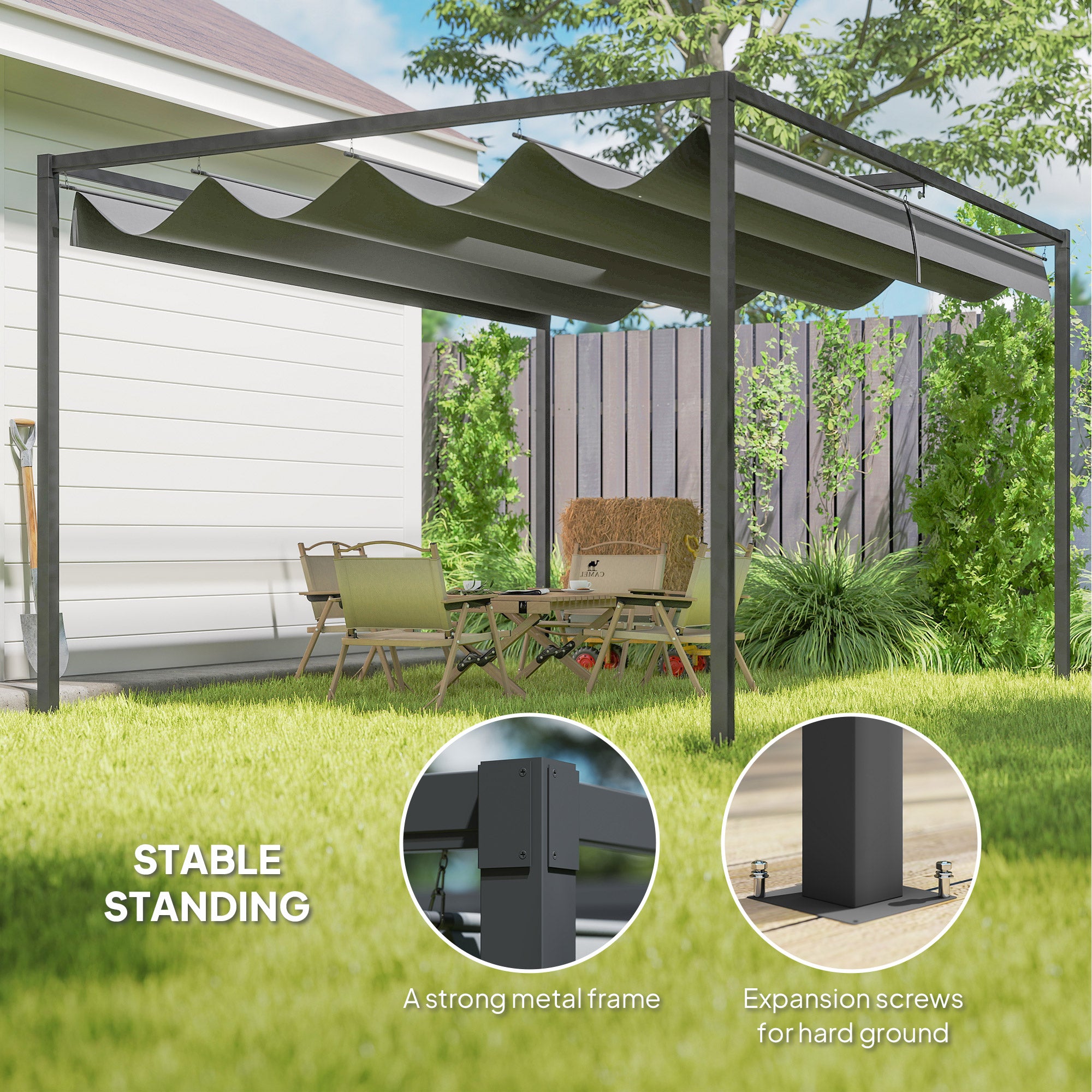 Outsunny 4 x 3(m) Metal Outdoor Pergola with Retractable Roof, Outdoor Gazebo with Drainage Holes for Garden, Patio, Lawn, Grey