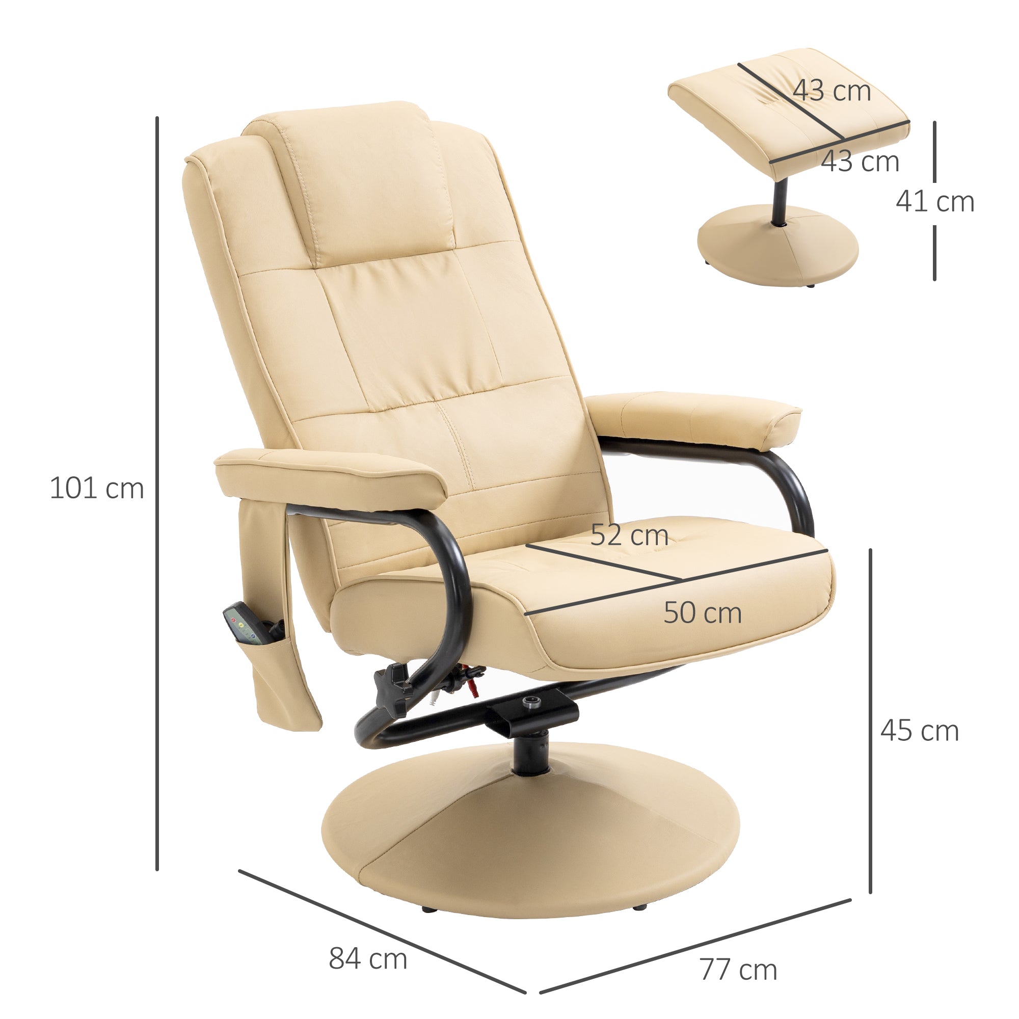 HOMCOM Swivel Recliner Chair and Footstool, Faux Leather Massage Recliner Armchair with Remote Control and Round Wrapped Base, Cream
