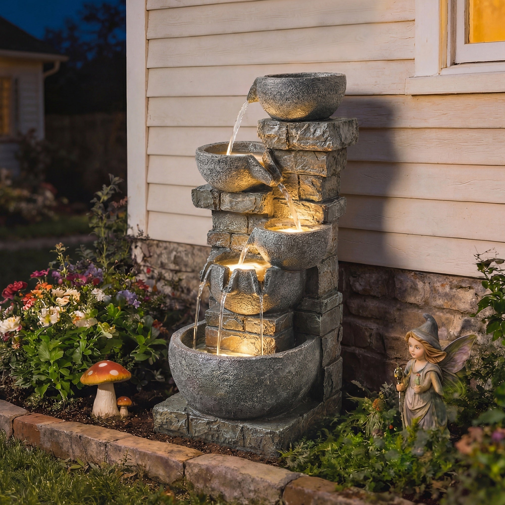 Outsunny Outdoor Water Fountain with LED Lights, 80cm Tall 5 Tiers Cascading Water Feature for Garden Patio Home Decor, Mixed