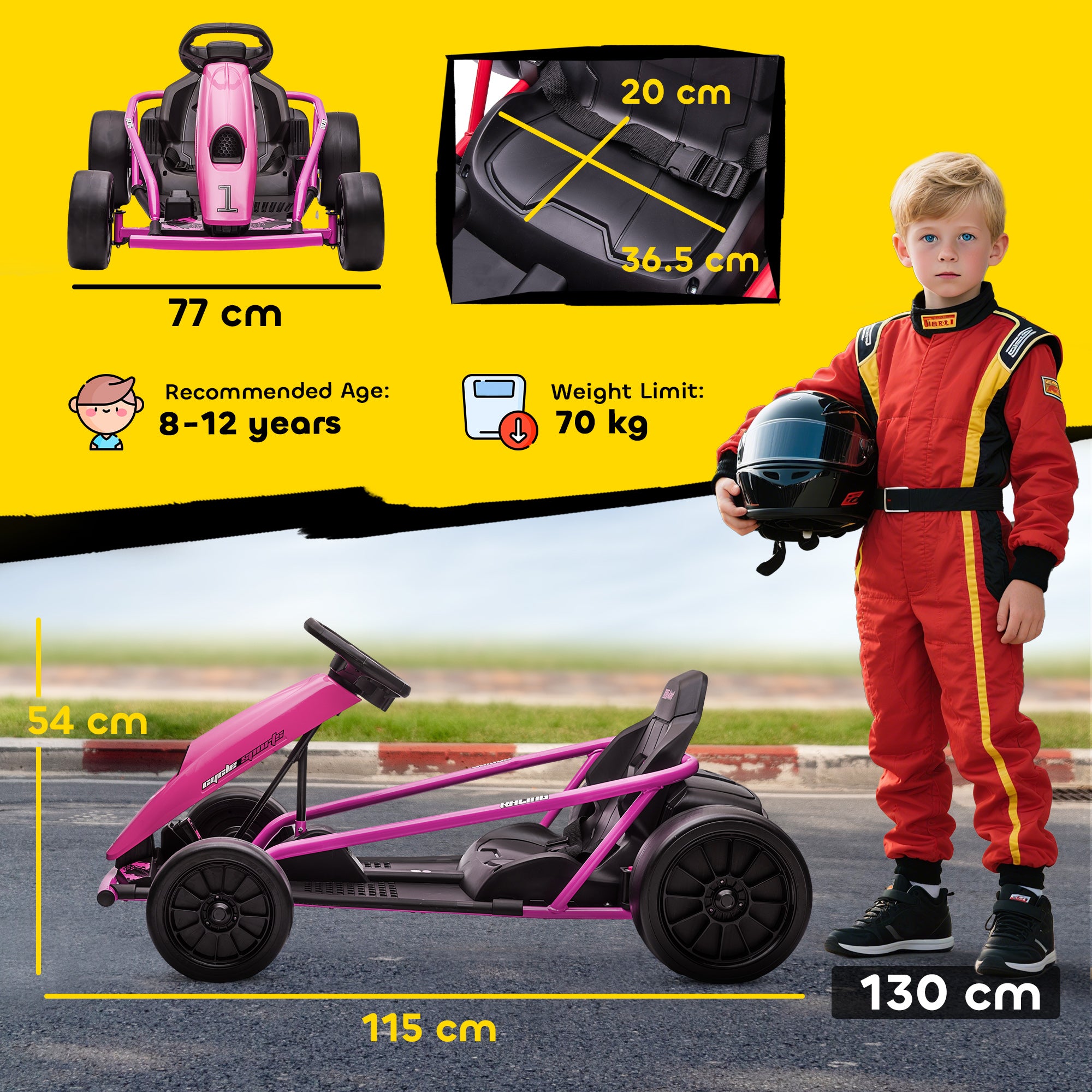 HOMCOM 24V Electric Go Kart for Kids, Drift Ride-On Racing Go Kart with 2 Speeds, for Boys Girls Aged 8-12 Years Old, Pink