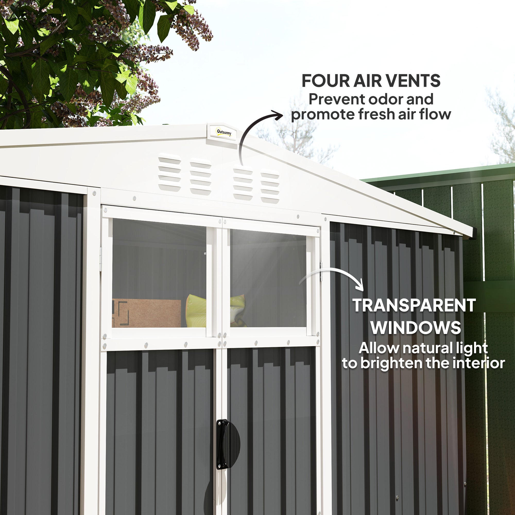 Outsunny 8 x 4 ft Metal Garden Shed, Garden Storage Shed with Window, 4 Vents and Lockable Door, Waterproof Galvanised Steel Tool Storage Shed, Dark Grey