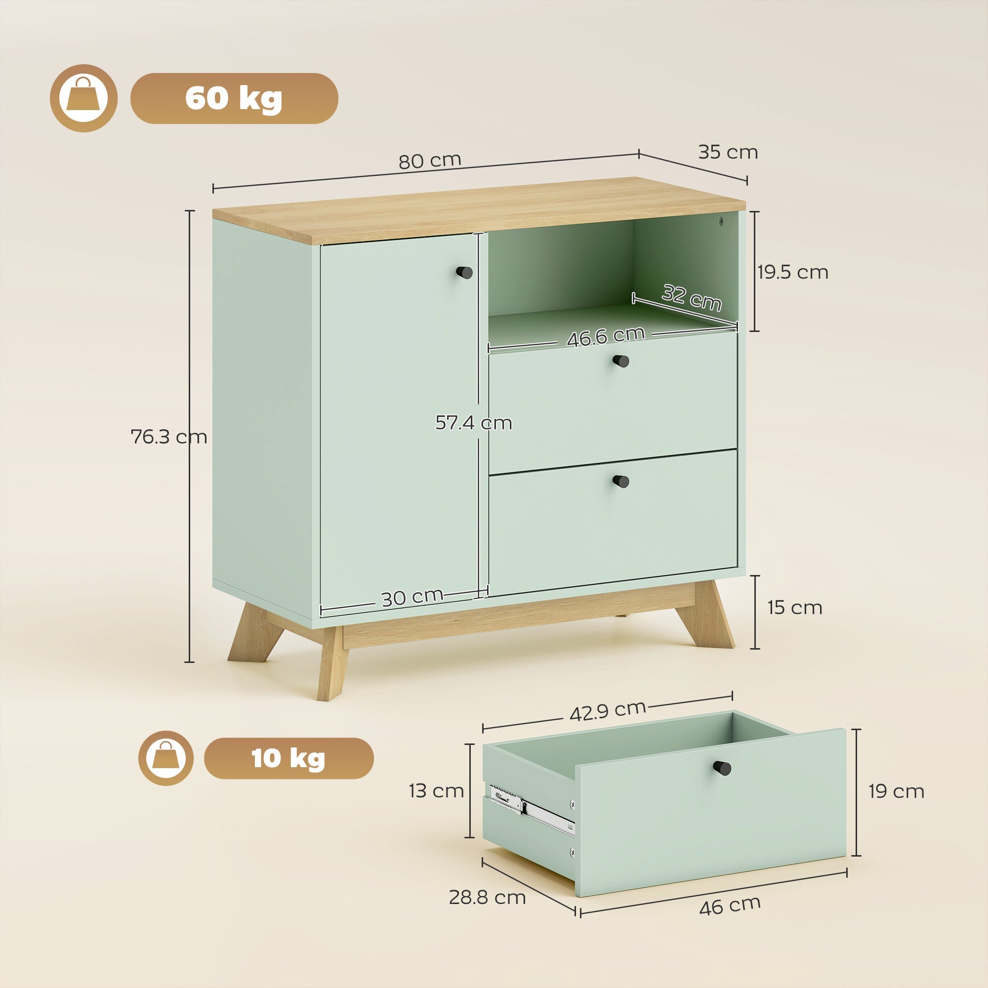 HOMCOM Sideboard Storage Cabinet, 80 cm Buffet Cabinet with 2 Drawers, Open Compartment, Adjustable Shelf, Light Green and Oak