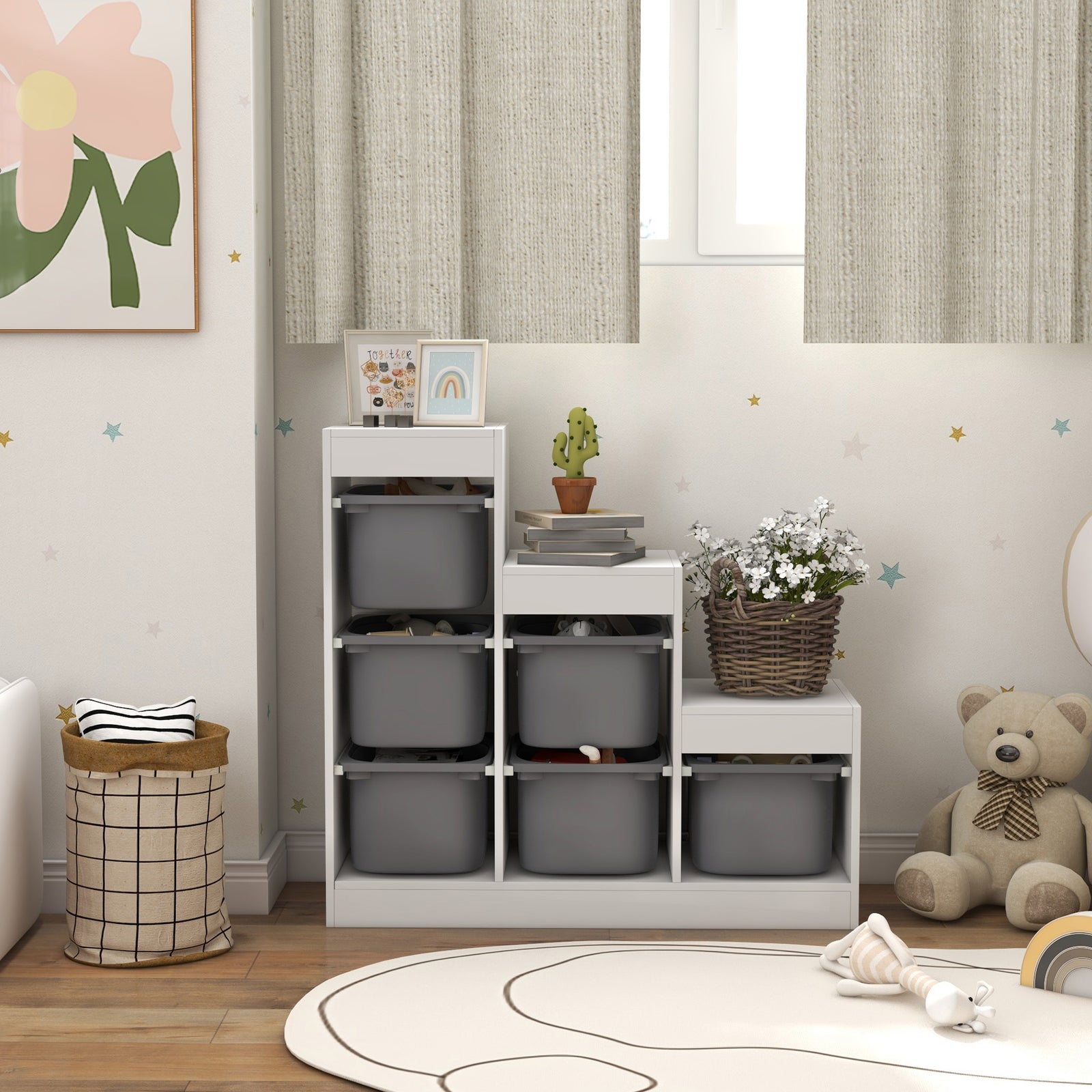 AIYAPLAY Toy Storage Organiser, Three-Layer Kids Toy Storage Units, with Removable Bins, for Ages 3-8 Years, Grey