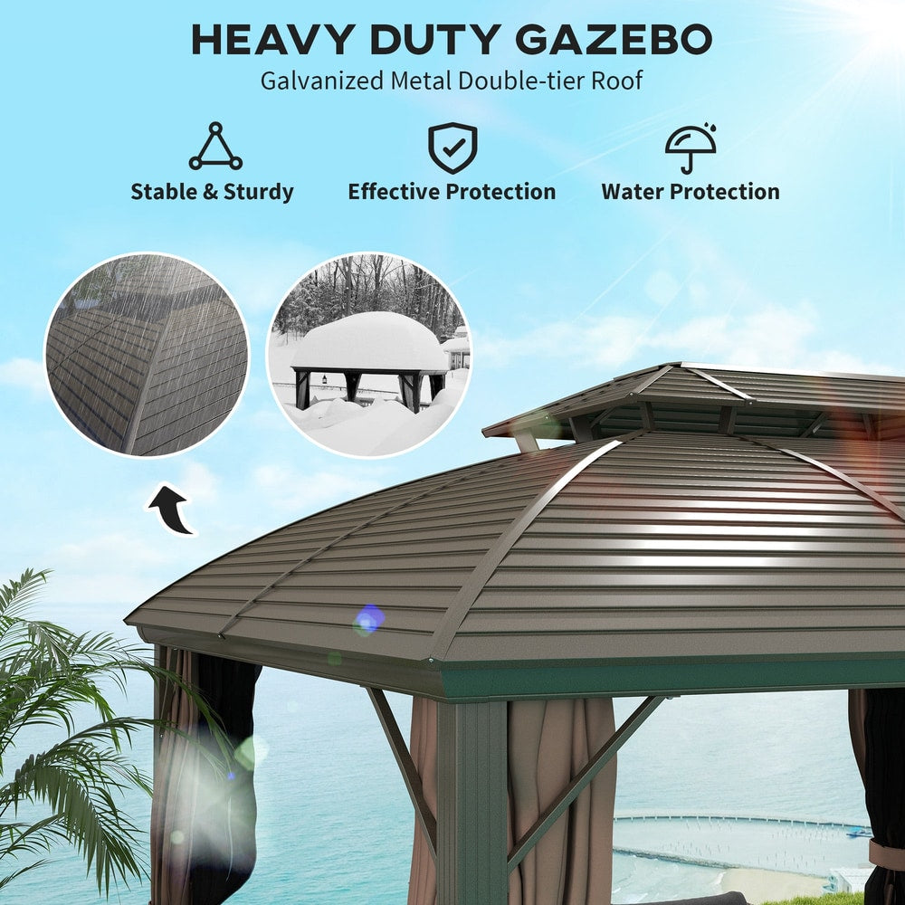 Outsunny 3.65 x 3(m) Hardtop Steel Gazebo Canopy with Aluminium Frame, Double Roof, Net Sidewalls and Curtains, Coffee