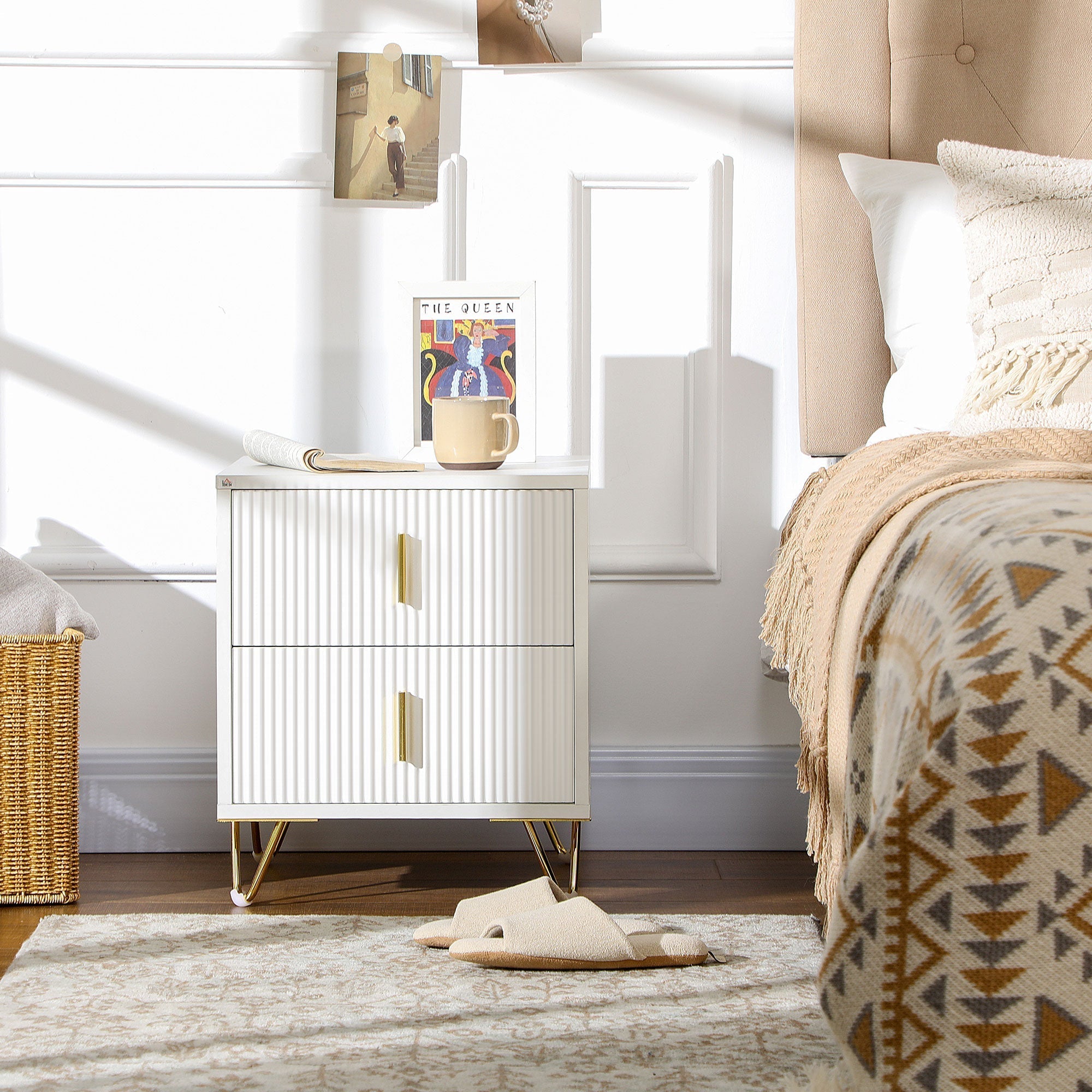 HOMCOM Elegant Chest of Two Drawers - White/Gold-Tone