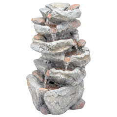Outsunny Outdoor Water Fountain with 6-Tier Rock Style, Cascading Waterfall Feature with LED Lights, Adjustable Flow, Grey