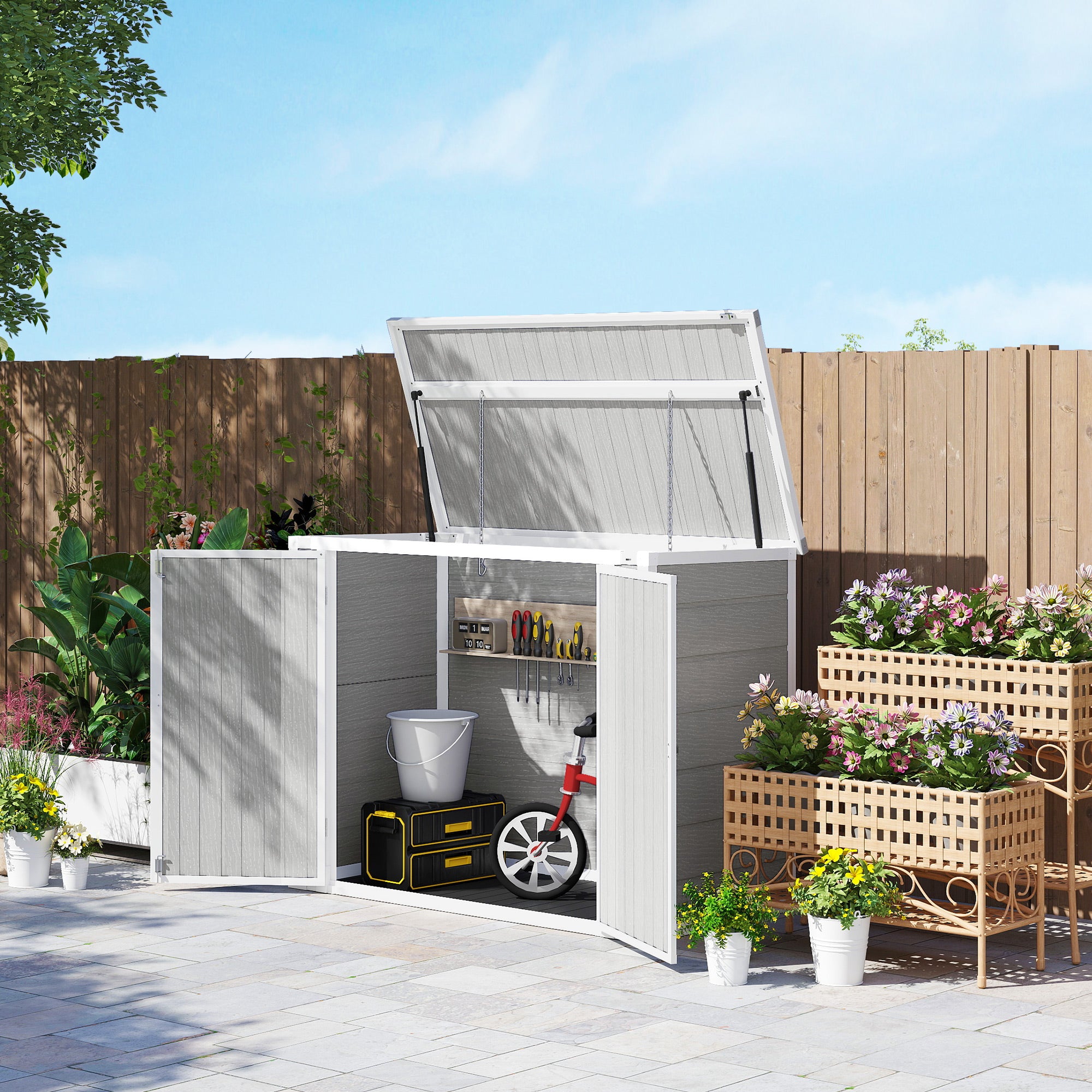 Outsunny 4.7 x 2.5FT Garden Shed, Lockable Outdoor Storage with Openable Lid, Small Shed for 2 Trash Cans, Tools, Patio, Light Grey