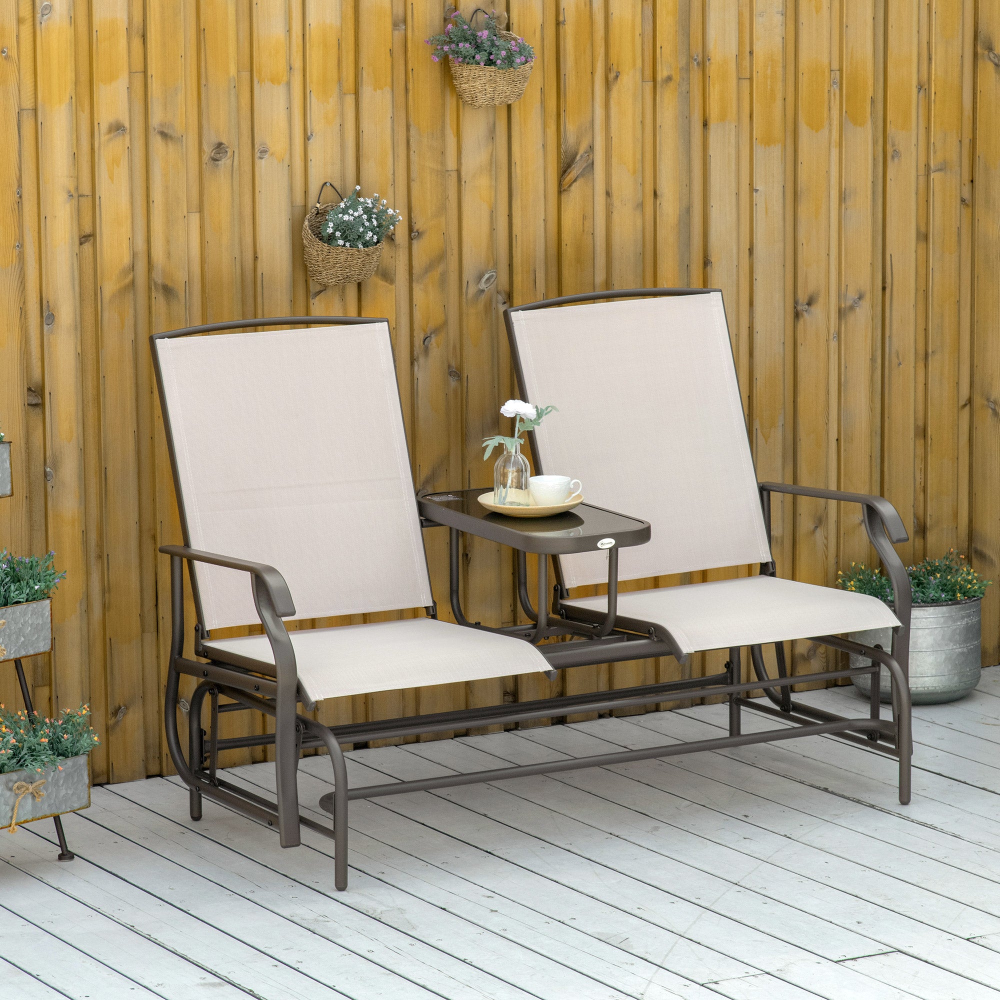 Outsunny 2 Seats Garden Glider Bench, Metal Frame Loveseat with Glass Top Centre Table, Porch Rocking Glider for 2 Person, for Deck, Patio, Brown/ Khaki