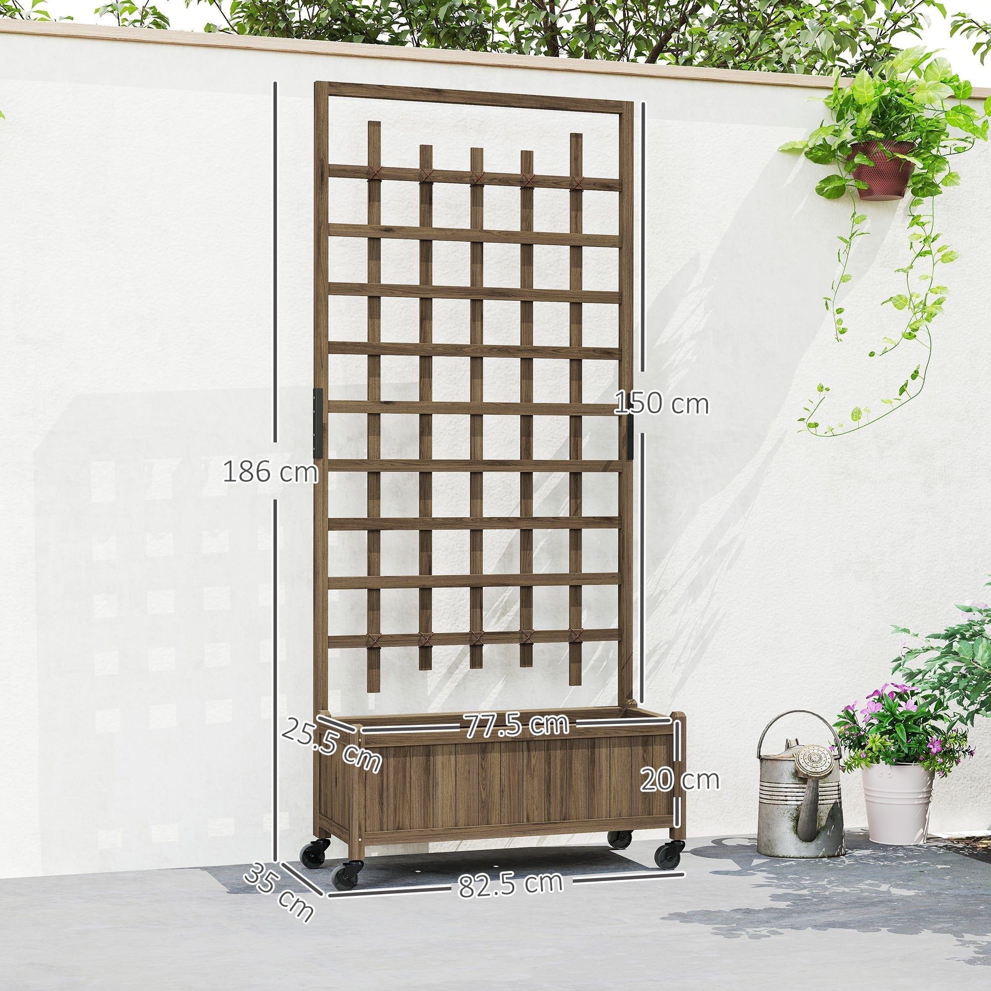 Outsunny Wooden Trellis Planter, Raised Garden Bed with Wheels, to Climb and Grow Vegetables, Herbs and Flowers, Brown