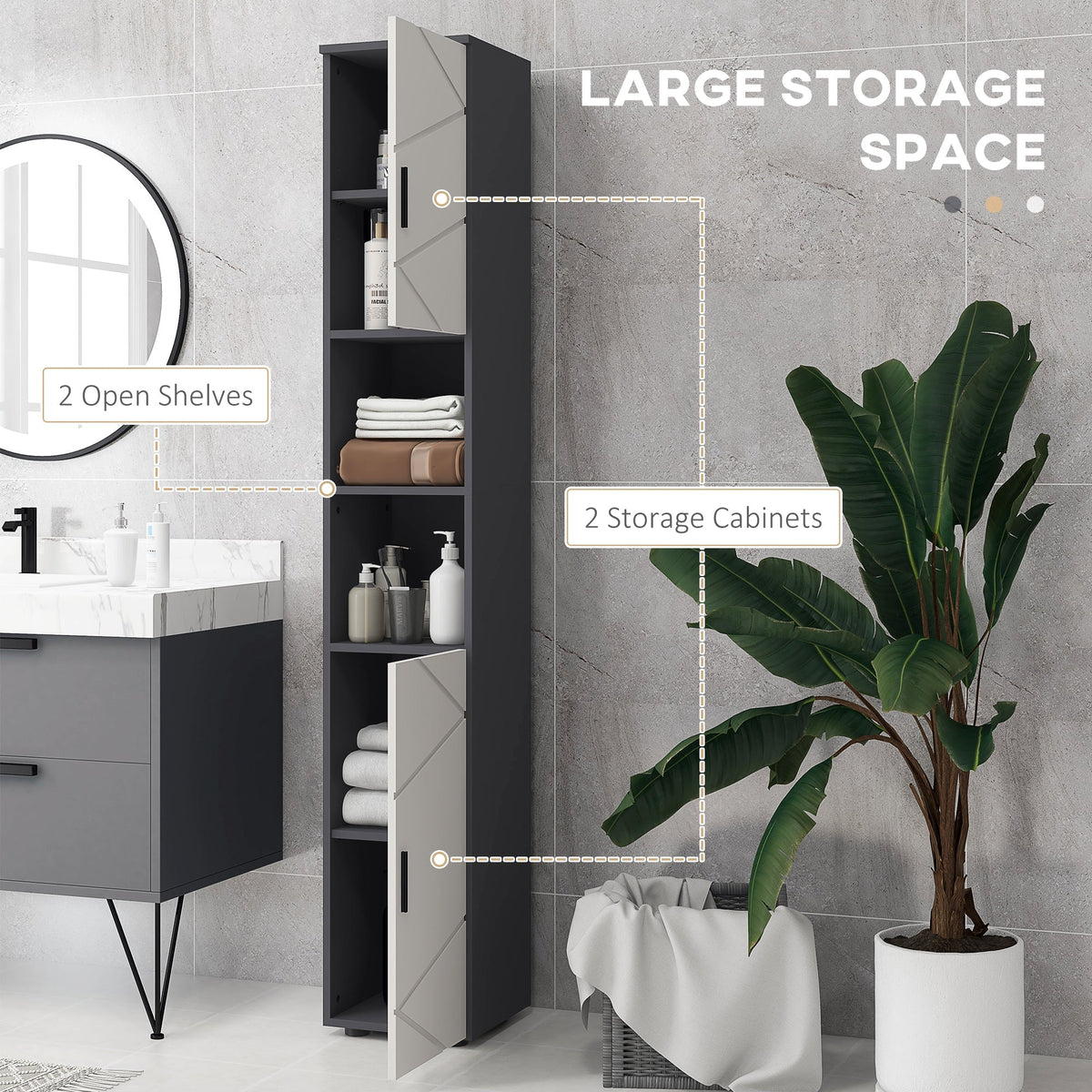 kleankin Line Embossed Tall Bathroom Storage Cabinet - Grey