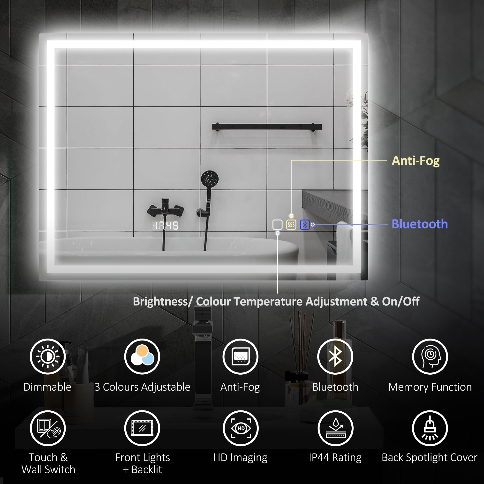 HOMCOM 60 x 80 cm Anti-Fog LED Bathroom Mirror, with Bluetooth and Clock - Silver Tone