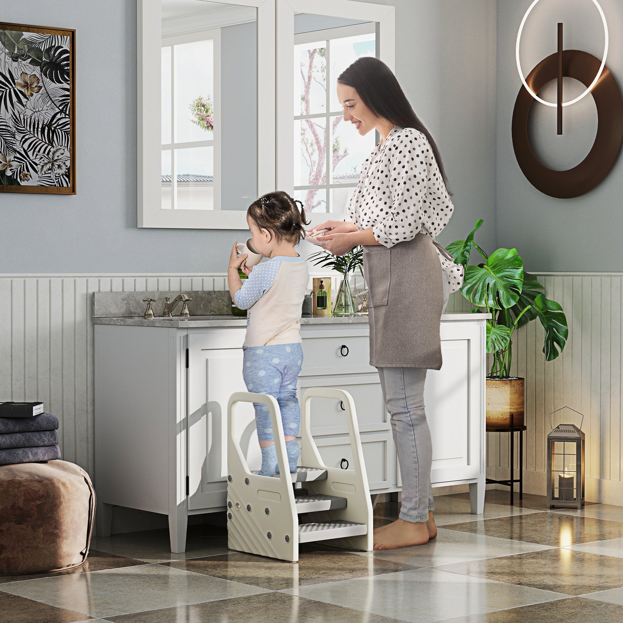 AIYAPLAY Adjustable 3 Step Toddler Tower with Handles, Non-slip Surface and Foot Pads, Grey