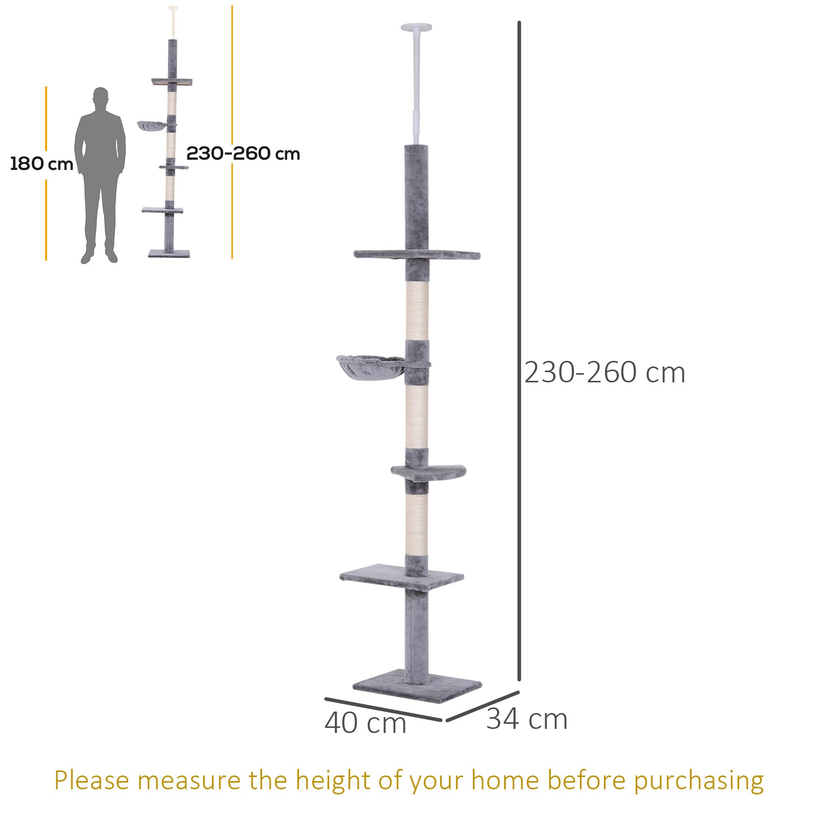 PawHut Floor to Ceiling Cat Tree for Indoor Cats 5-Tier Kitty Tower Climbing Activity Center Scratching Post Adjustable Height 230-260 cm Grey
