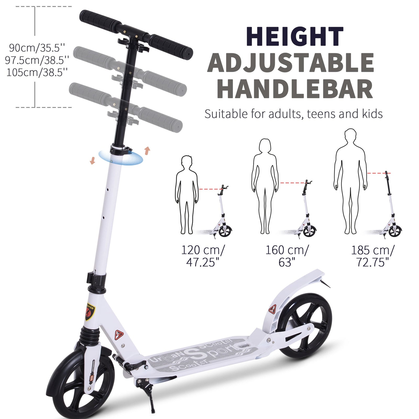 HOMCOM Folding Kick Scooter, Adjustable Ride On Scooter with 200mm Big Wheels and Double Shock Absorption, Urban Scooter for 14+ Teens Adult, White