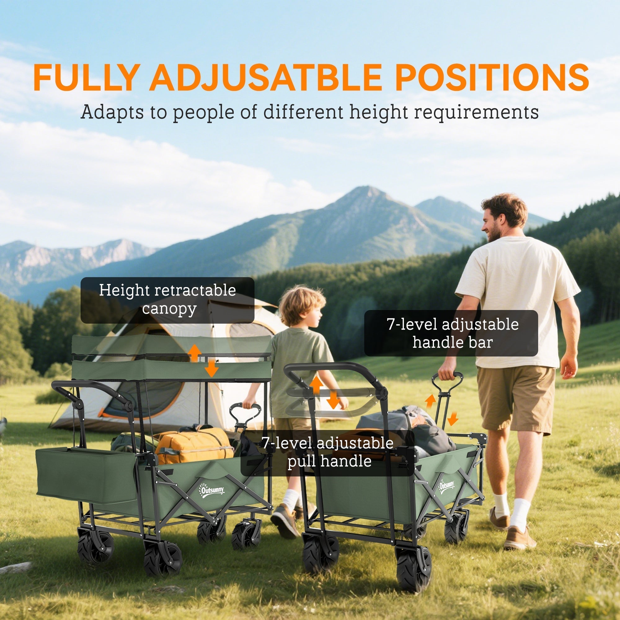 Outsunny Folding Trolley Cart Storage Wagon Beach Trailer 4 Wheels with Handle Overhead Canopy Cart Push Pull for Camping, Green