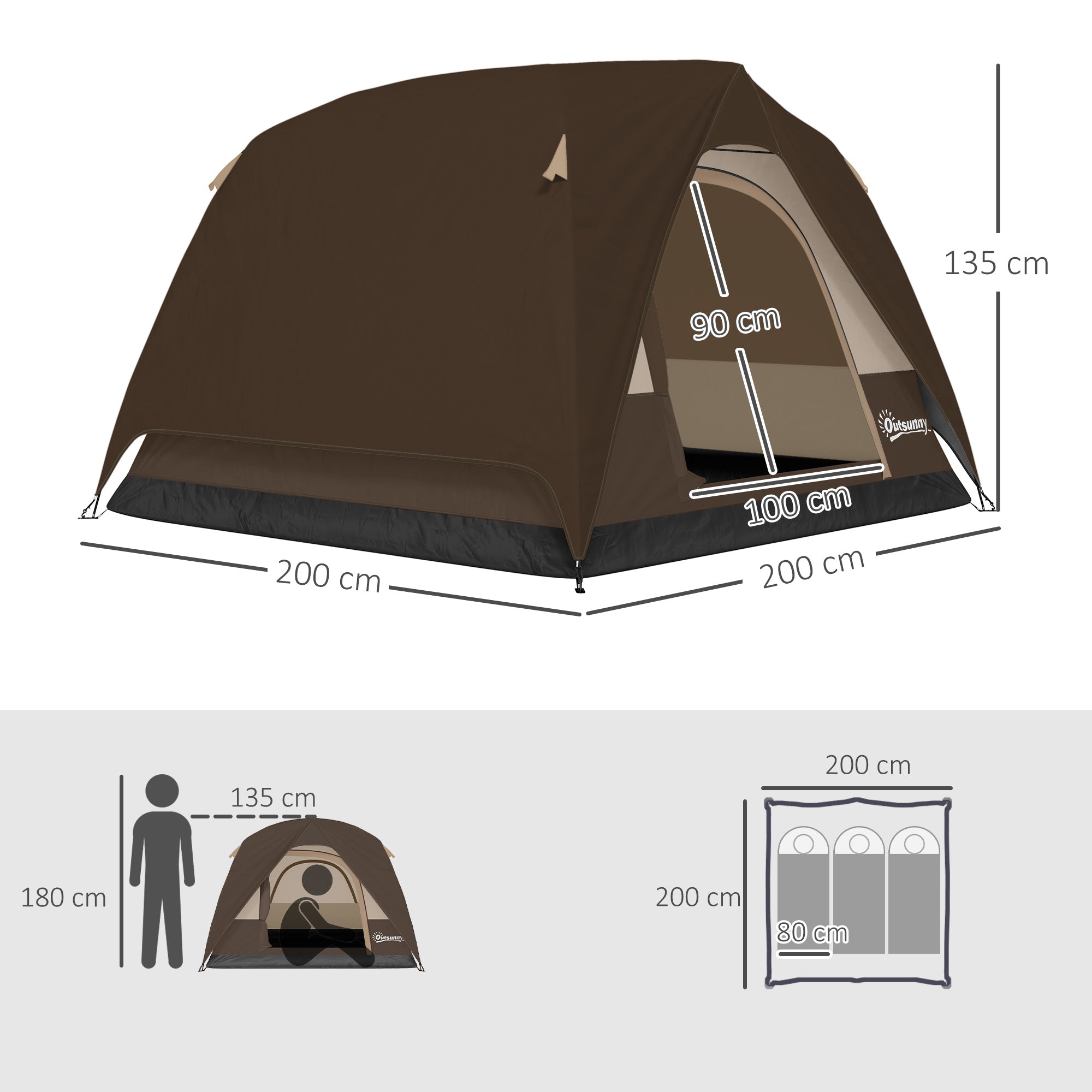 Outsunny 3-4 Person Camping Tent, Easy Set Up 3-4 Man Tent w/ Sewn-in Groundsheet, Waterproof Dome Tent w/ Mesh Windows, Brown